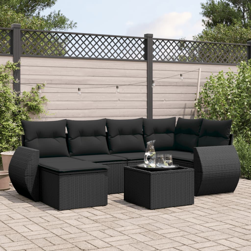 7-tlg. Garten-Sofagarnitur mit Kissen Schwarz Poly Rattan 7-tlg. Garten-Sofagarnitur mit Kissen Schwarz Poly Rattan