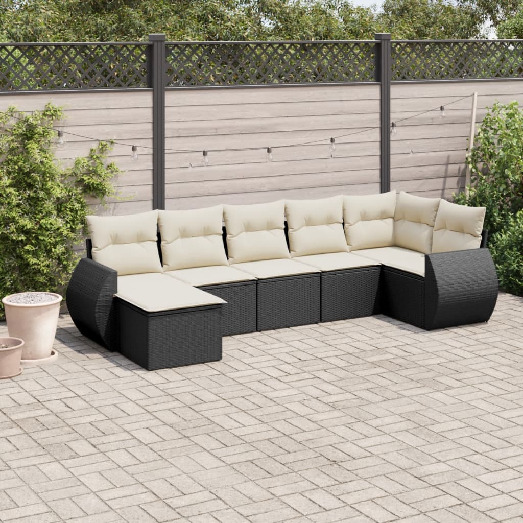 7-tlg. Garten-Sofagarnitur mit Kissen Schwarz Poly Rattan 7-tlg. Garten-Sofagarnitur mit Kissen Schwarz Poly Rattan