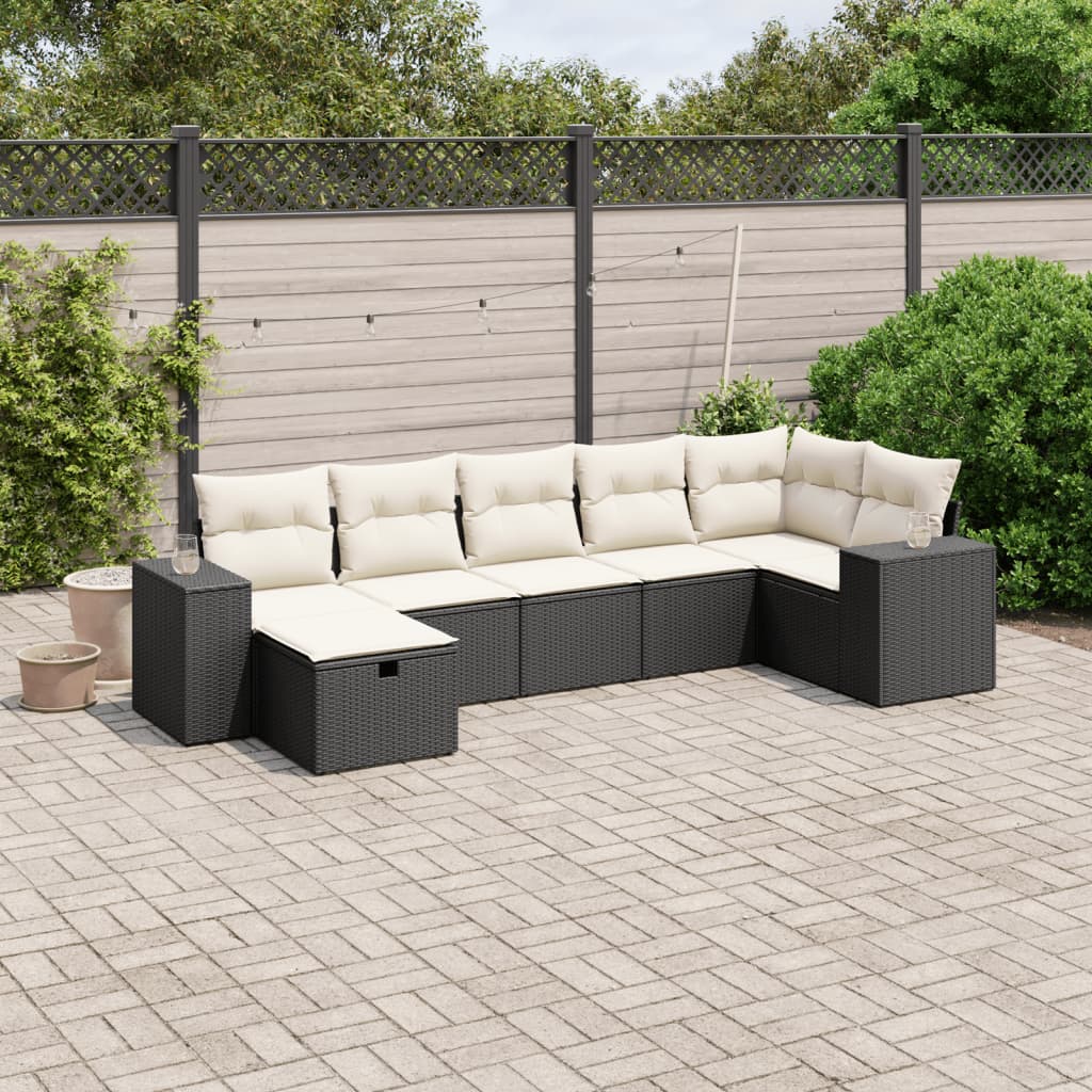 7-tlg. Garten-Sofagarnitur mit Kissen Schwarz Poly Rattan 7-tlg. Garten-Sofagarnitur mit Kissen Schwarz Poly Rattan