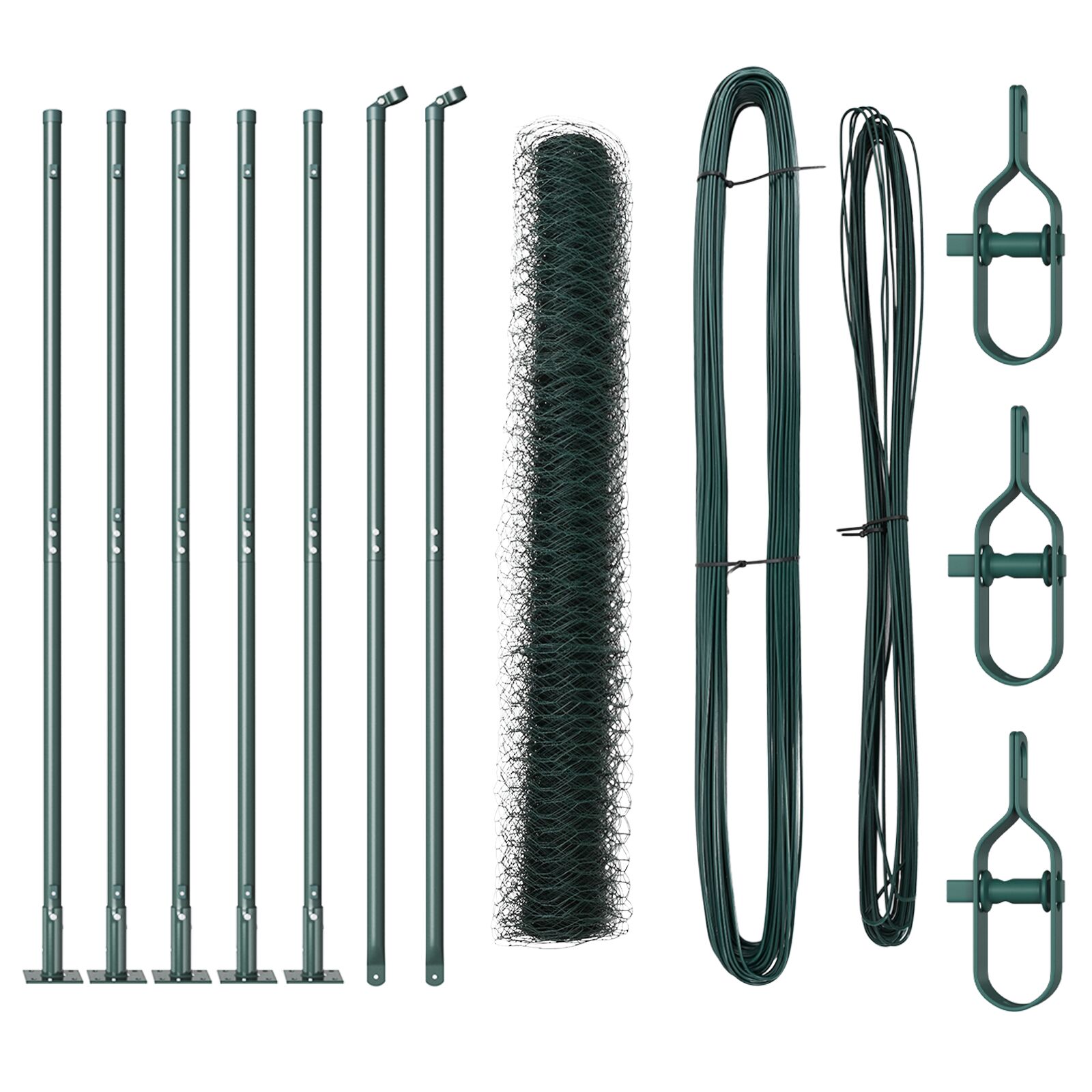 Sechseckzaun Grün 1,2x10 m Stahl, Zaunpfosten mit Basen 7 Stück Ø32mm 68,5cm verzinkter Stahl