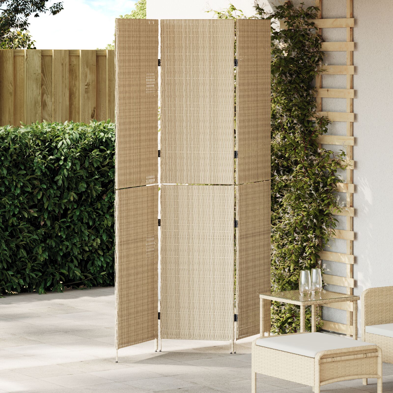 Raumteiler 3 Paneele Faltbar Beige 146x200 cm Poly Rattan Raumteiler 3 Paneele Faltbar Beige 146x200 cm Poly Rattan