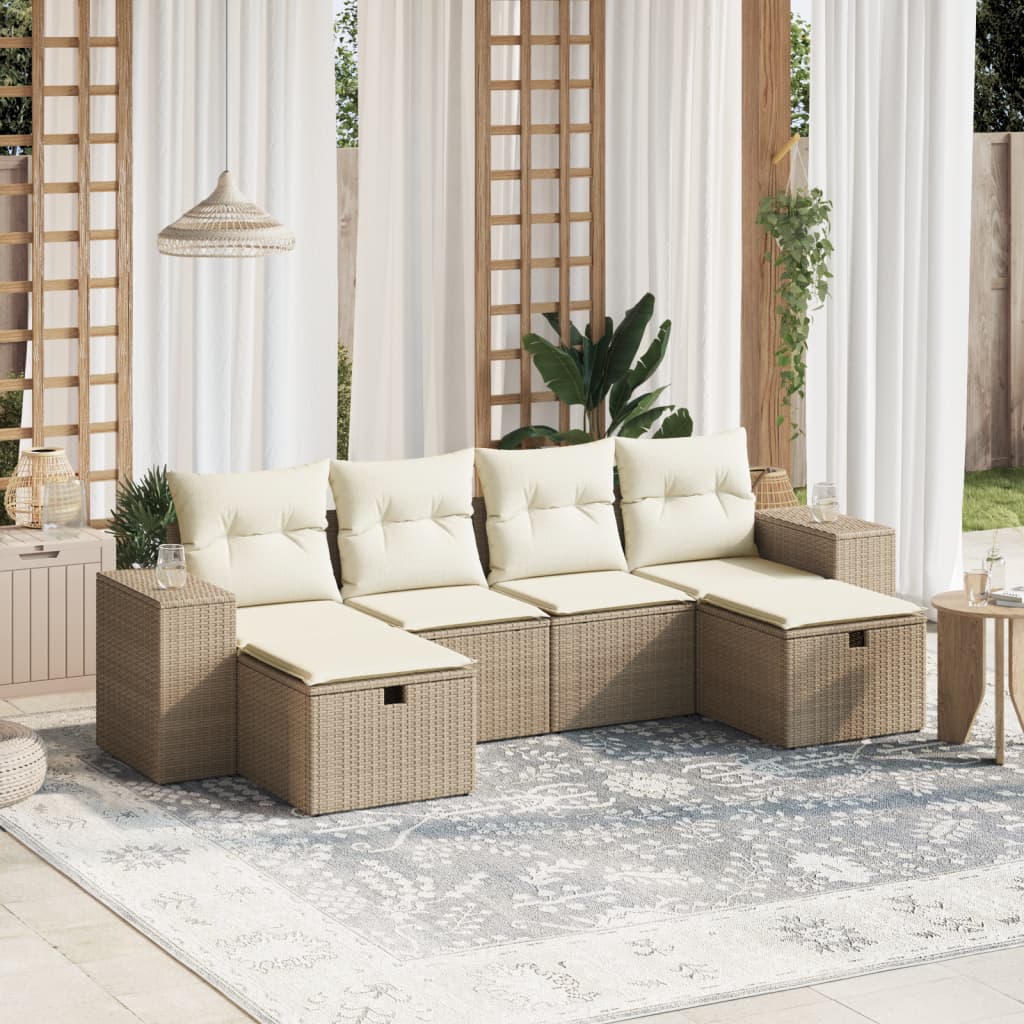 6-tlg. Garten-Sofagarnitur mit Kissen Beige Poly Rattan 6-tlg. Garten-Sofagarnitur mit Kissen Beige Poly Rattan