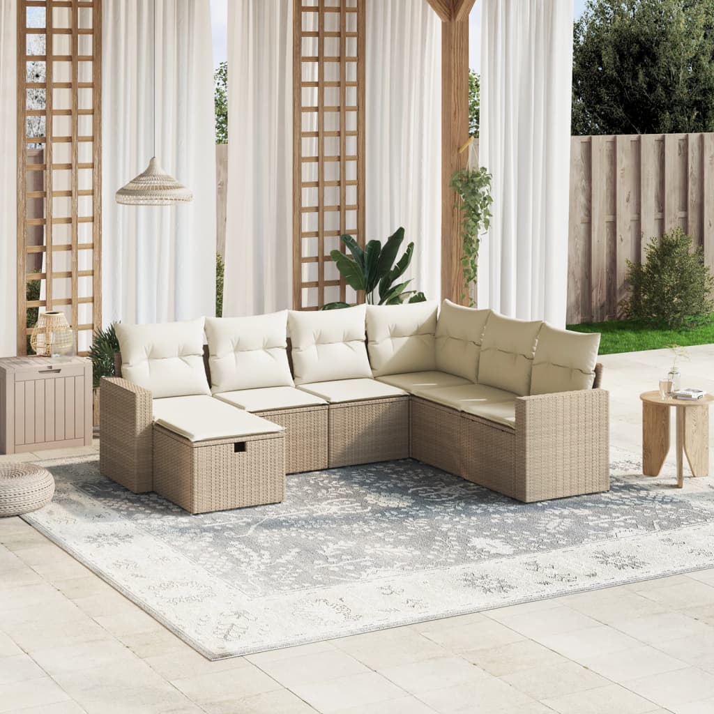 7-tlg. Garten-Sofagarnitur mit Kissen Beige Poly Rattan 7-tlg. Garten-Sofagarnitur mit Kissen Beige Poly Rattan