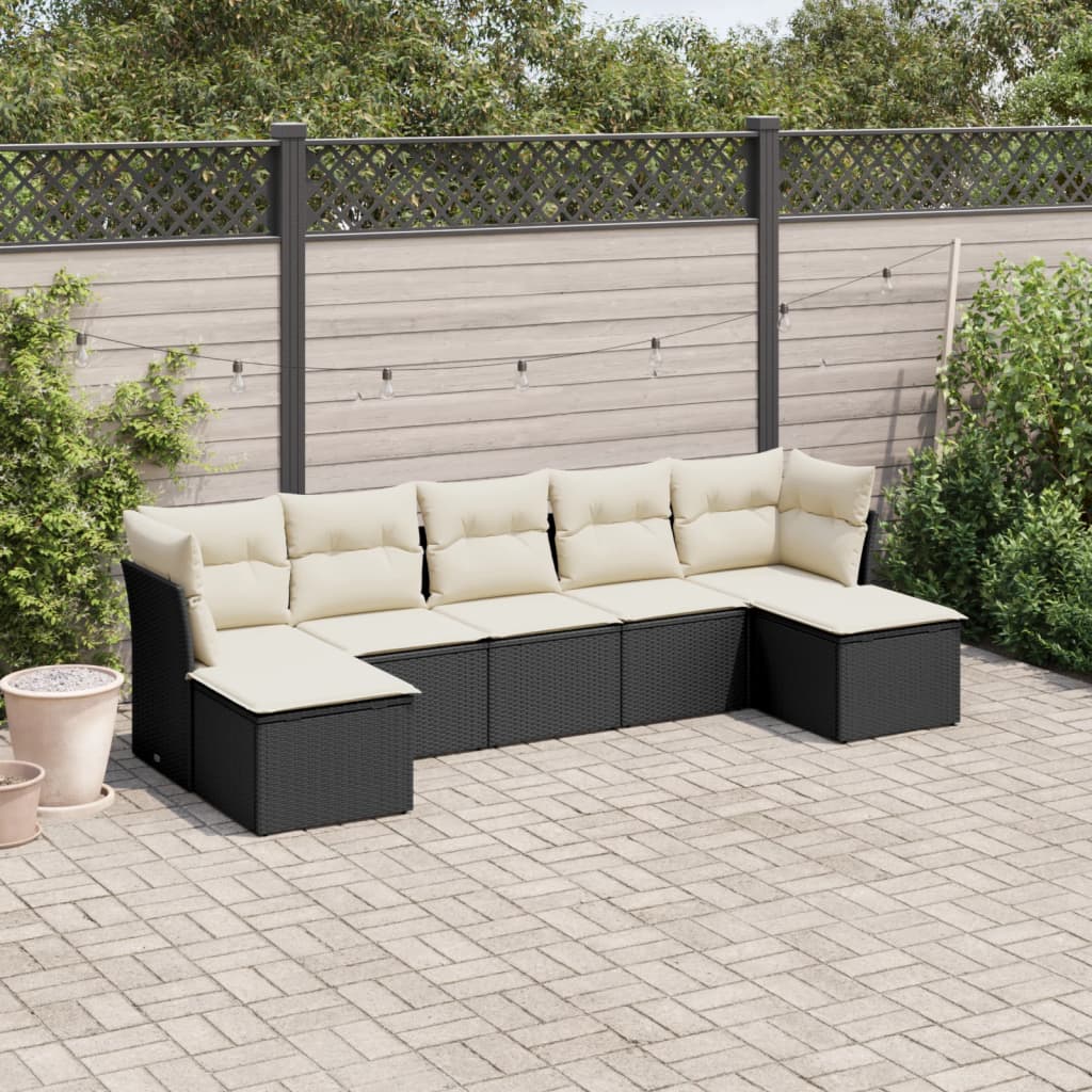 7-tlg. Garten-Sofagarnitur mit Kissen Schwarz Poly Rattan 7-tlg. Garten-Sofagarnitur mit Kissen Schwarz Poly Rattan