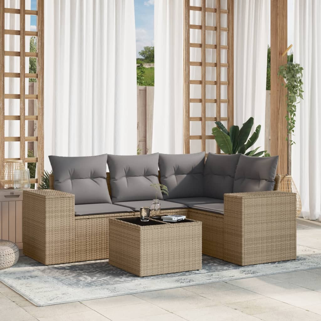 5-tlg. Garten-Sofagarnitur mit Kissen Beige Poly Rattan 5-tlg. Garten-Sofagarnitur mit Kissen Beige Poly Rattan