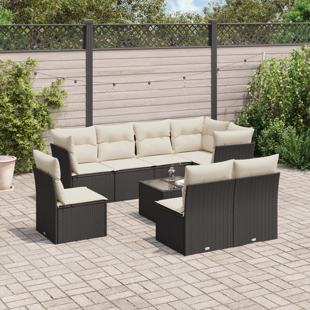 9-tlg. Garten-Sofagarnitur mit Kissen Schwarz Poly Rattan 9-tlg. Garten-Sofagarnitur mit Kissen Schwarz Poly Rattan