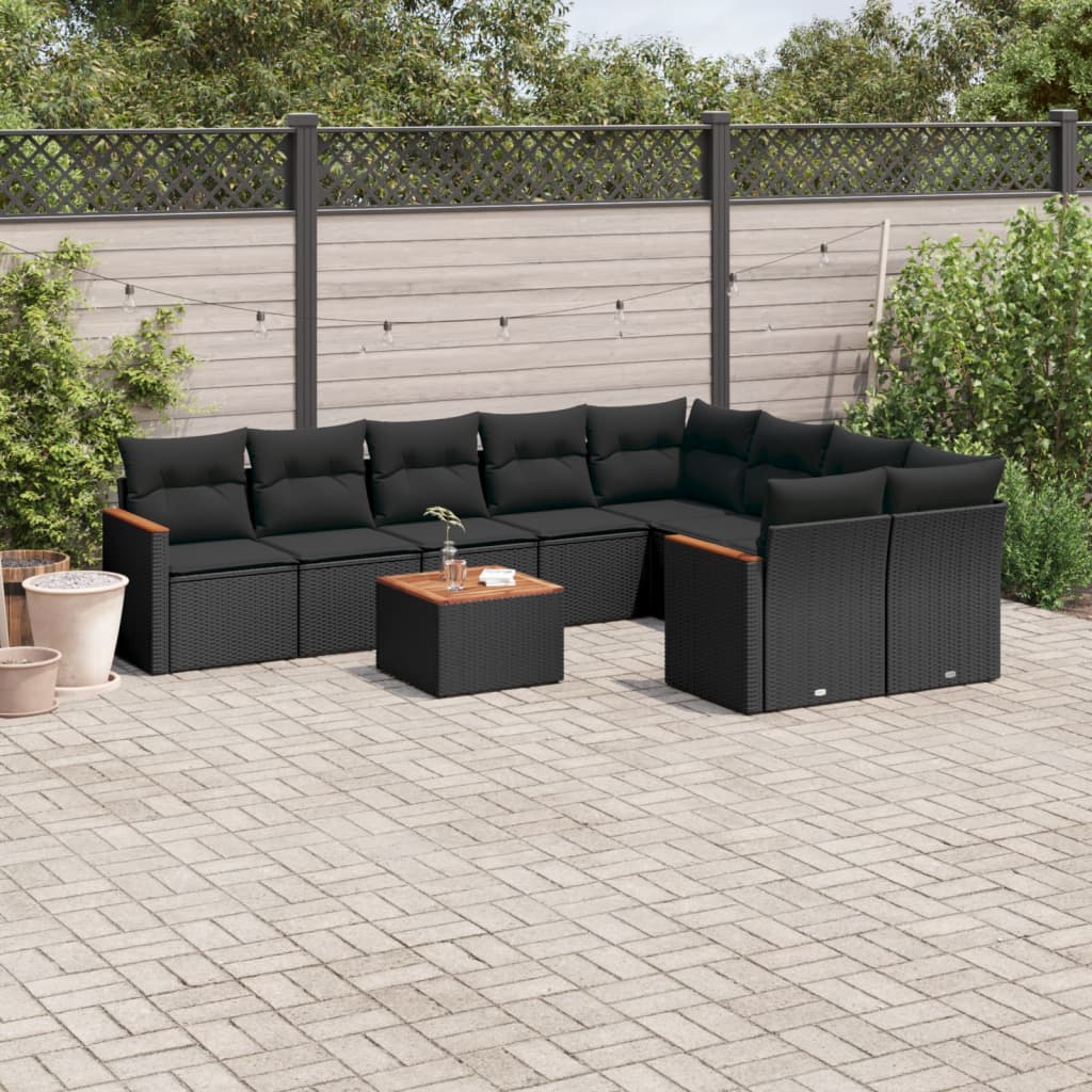 10-tlg. Garten-Sofagarnitur mit Kissen Schwarz Poly Rattan 10-tlg. Garten-Sofagarnitur mit Kissen Schwarz Poly Rattan