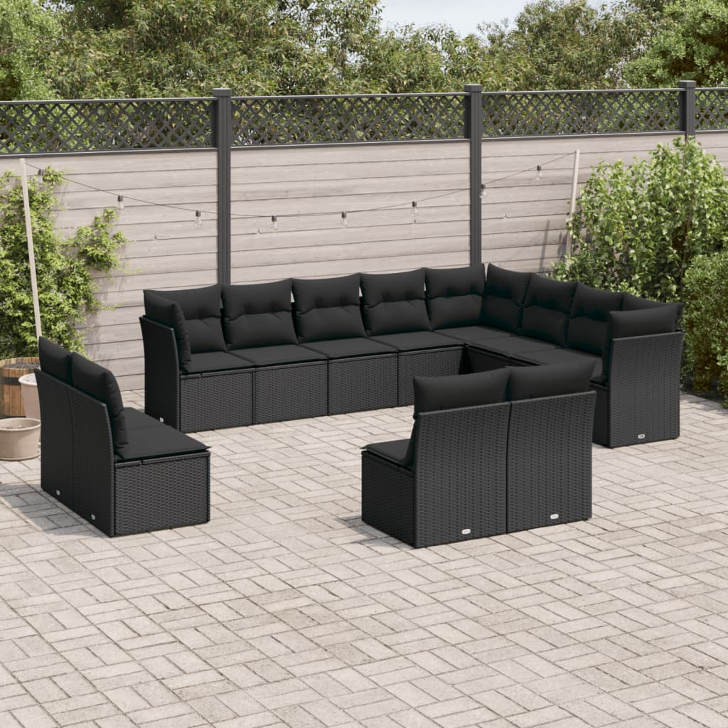 12-tlg. Garten-Sofagarnitur mit Kissen Schwarz Poly Rattan