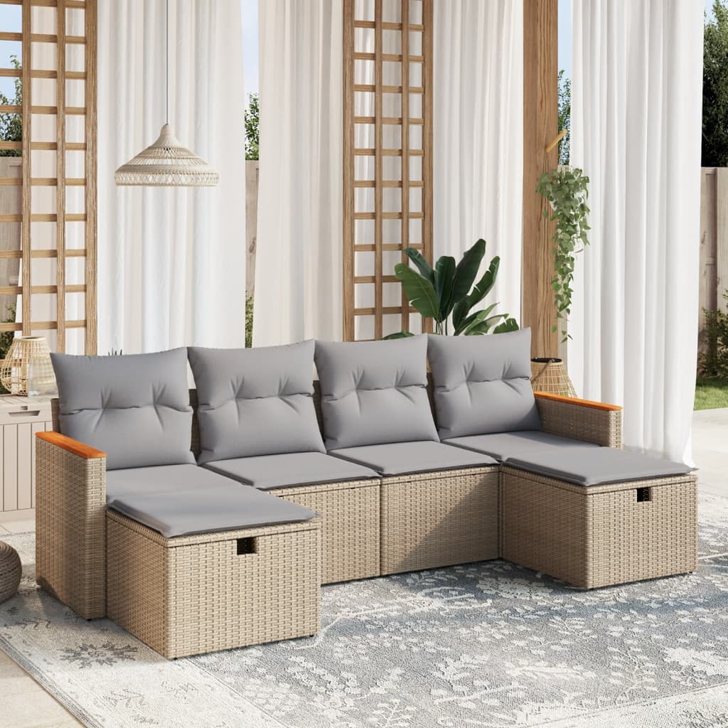 6-tlg. Garten-Sofagarnitur mit Kissen Beige Poly Rattan 6-tlg. Garten-Sofagarnitur mit Kissen Beige Poly Rattan