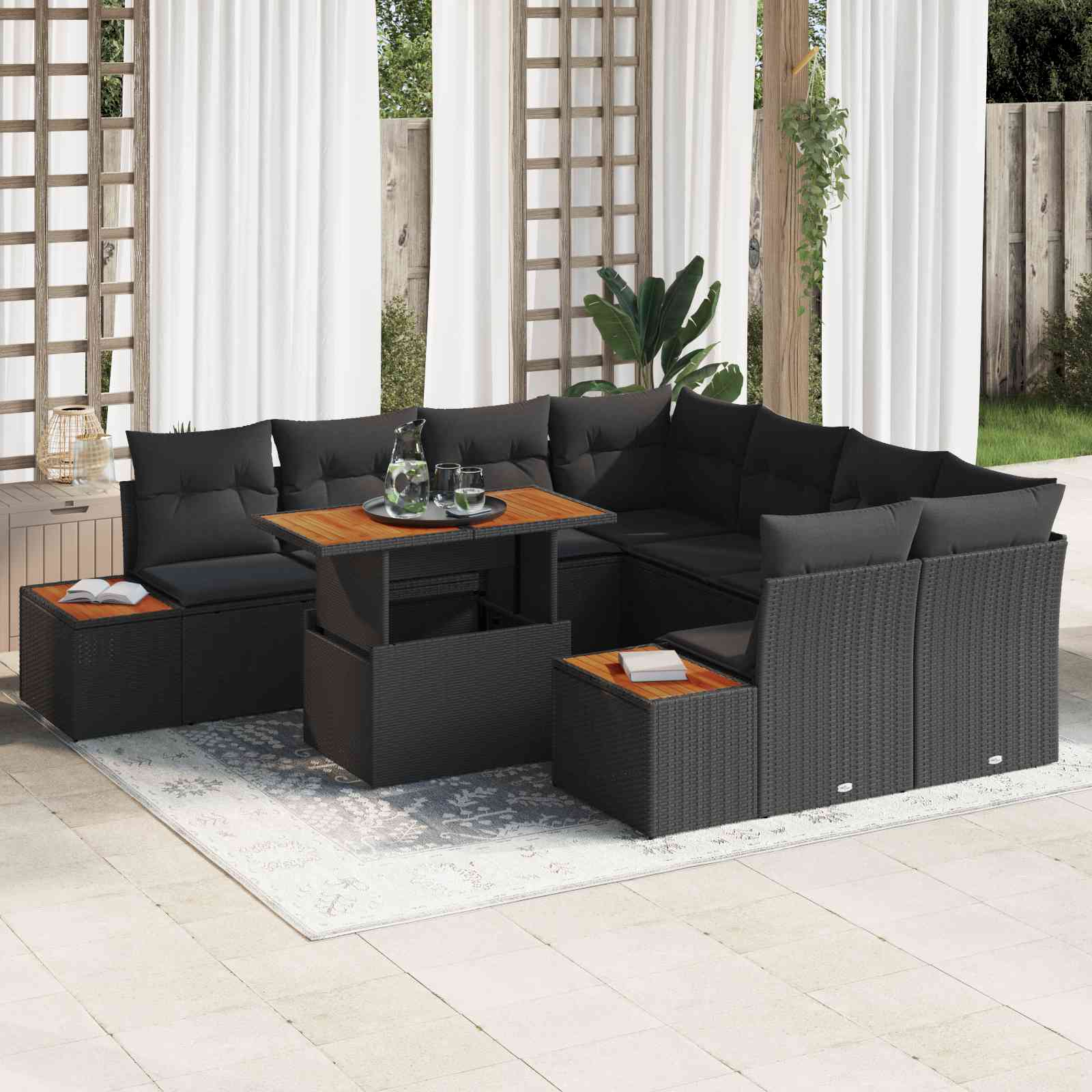 9-teiliges Garten Sofa Set mit Kissen Schwarz Poly Rattan 9-teiliges Garten Sofa Set mit Kissen Schwarz Poly Rattan