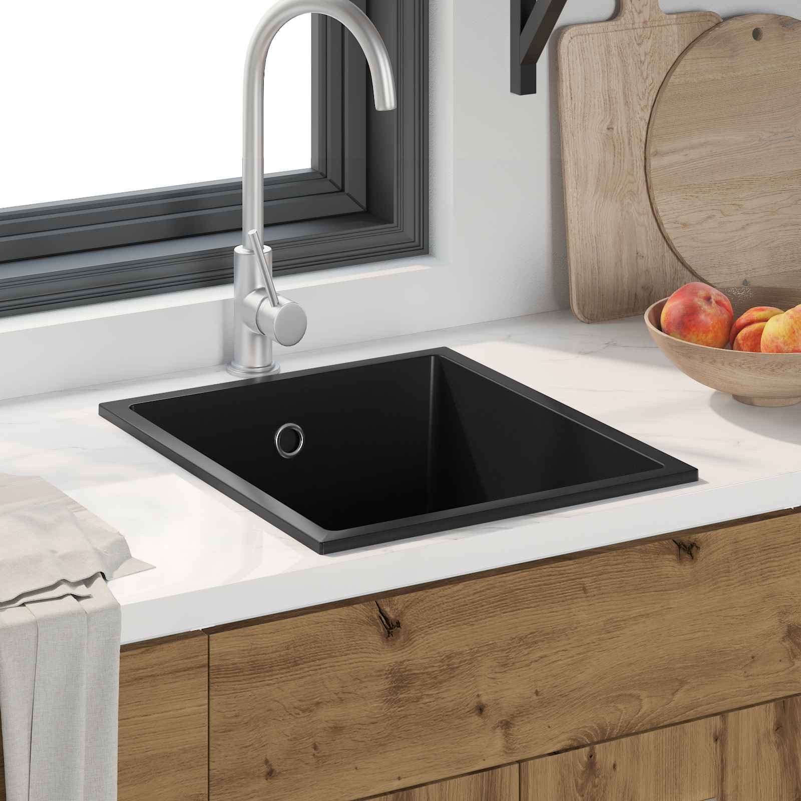 Küchenspülbecken aus schwarzem Granit mit Überlaufloch Küchenspülbecken aus schwarzem Granit mit Überlaufloch