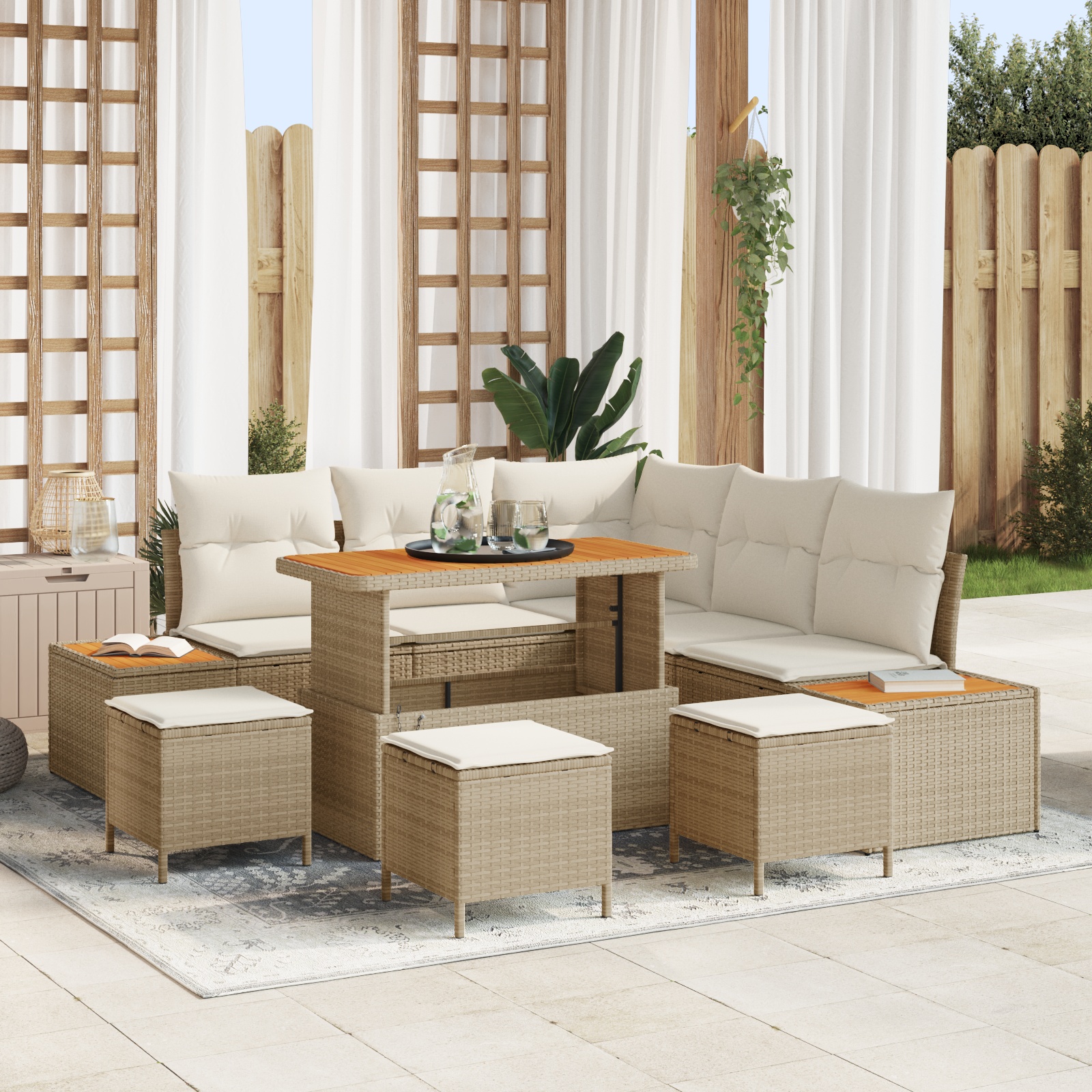 9-teiliges Garten-Sofa-Set mit Kissen Beige Poly-Rattan Akazie 9-teiliges Garten-Sofa-Set mit Kissen Beige Poly-Rattan Akazie
