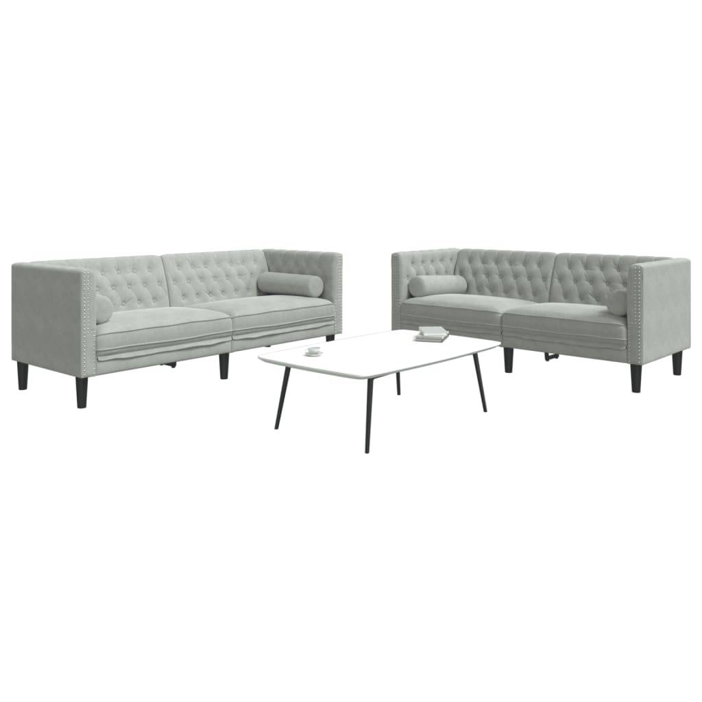 2-tlg. Chesterfield-Sofa-Set mit Nackenrollen Hellgrau Samt 2-tlg. Chesterfield-Sofa-Set mit Nackenrollen Hellgrau Samt