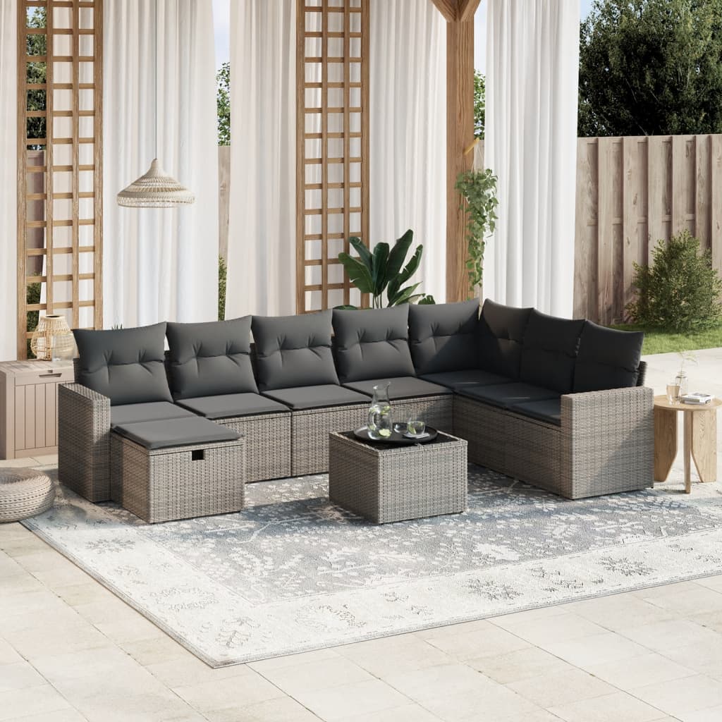 9-tlg. Garten-Sofagarnitur mit Kissen Grau Poly Rattan 9-tlg. Garten-Sofagarnitur mit Kissen Grau Poly Rattan