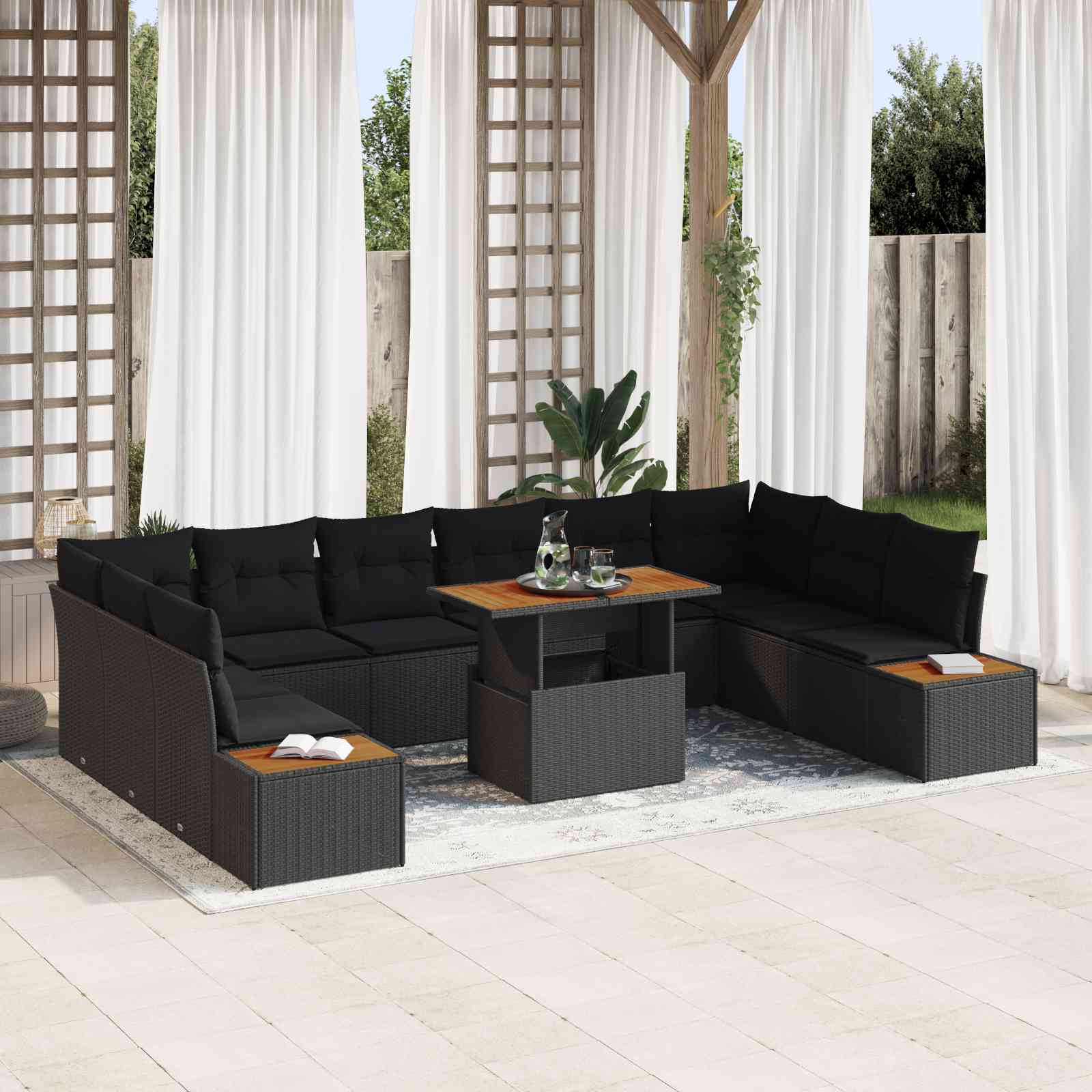 11-teiliges Garten Sofa Set mit Kissen schwarz Poly Rattan 11-teiliges Garten Sofa Set mit Kissen schwarz Poly Rattan