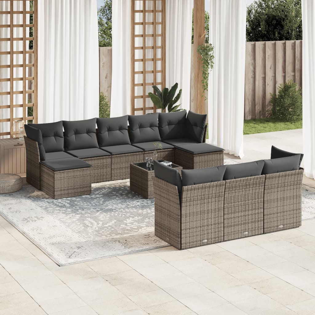 10-tlg. Garten-Sofagarnitur mit Kissen Grau Poly Rattan 10-tlg. Garten-Sofagarnitur mit Kissen Grau Poly Rattan