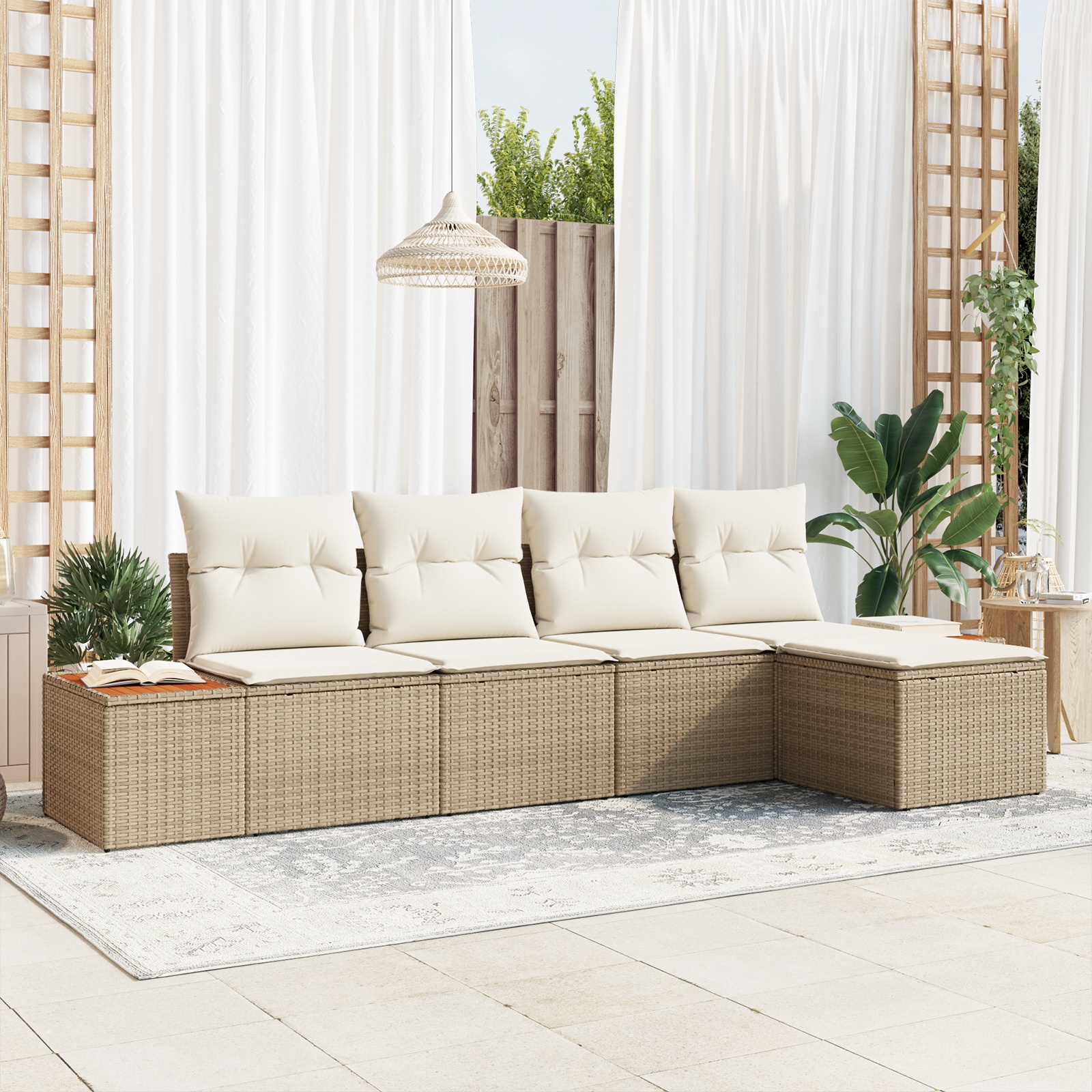 5-teiliges Garten Sofa Set mit Kissen in Beige Poly Rattan Akazie 5-teiliges Garten Sofa Set mit Kissen in Beige Poly Rattan Akazie