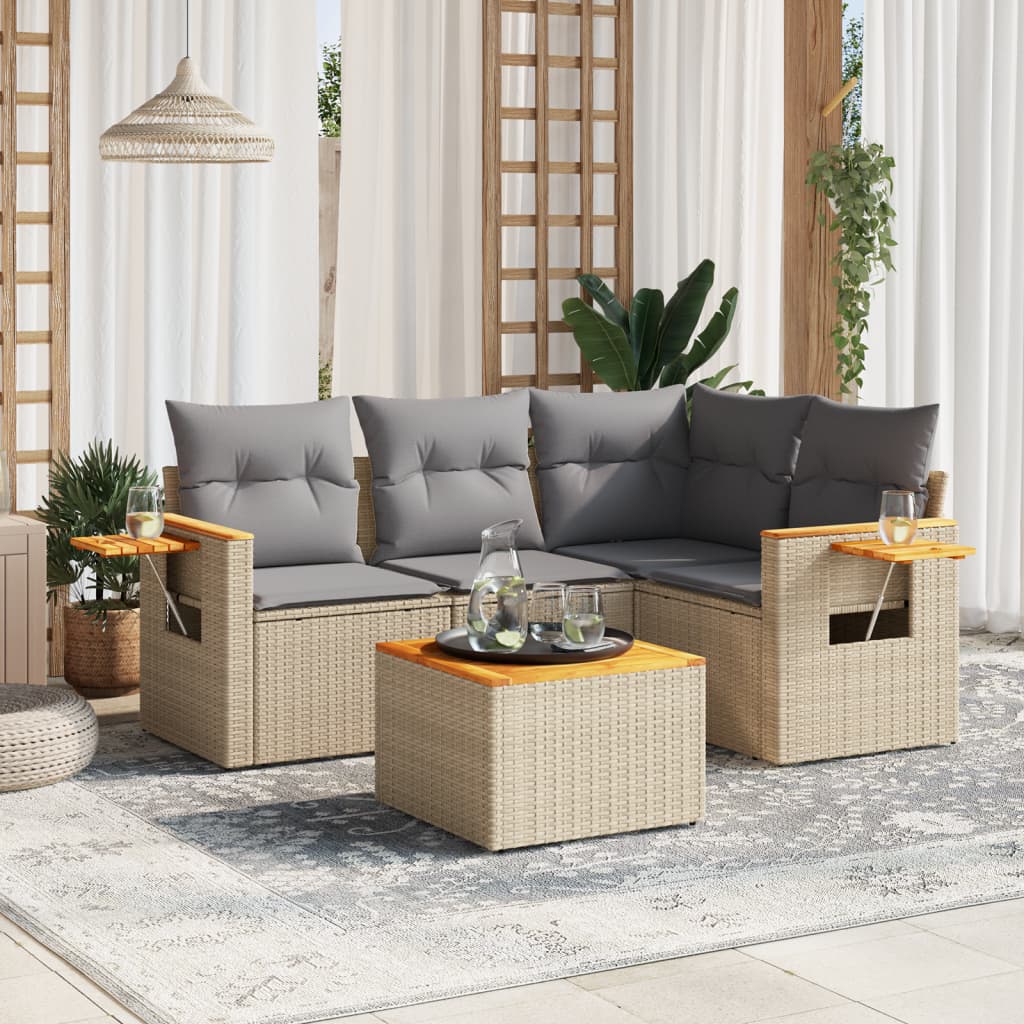 5-tlg. Garten-Sofagarnitur mit Kissen Beige Poly Rattan 5-tlg. Garten-Sofagarnitur mit Kissen Beige Poly Rattan