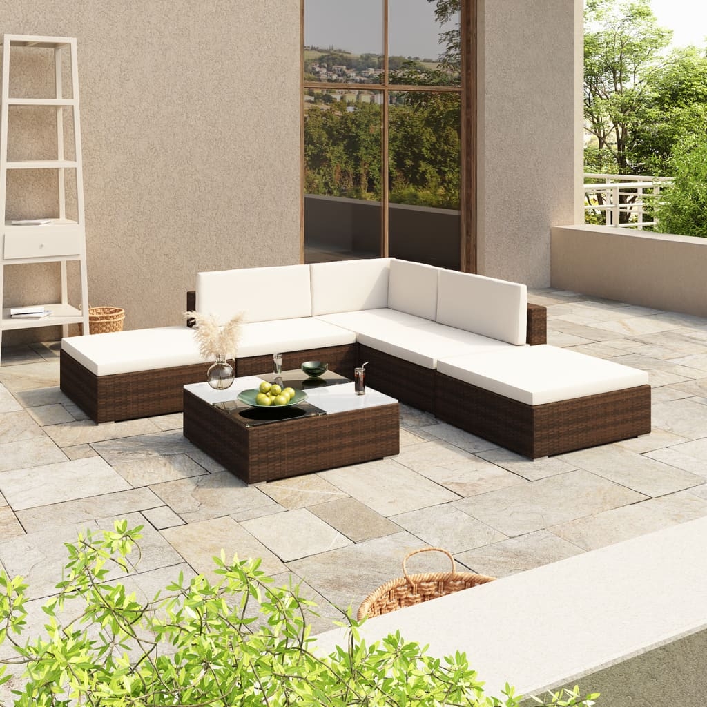 6-tlg. Garten-Lounge-Set mit Auflagen Poly Rattan Braun 6-tlg. Garten-Lounge-Set mit Auflagen Poly Rattan Braun