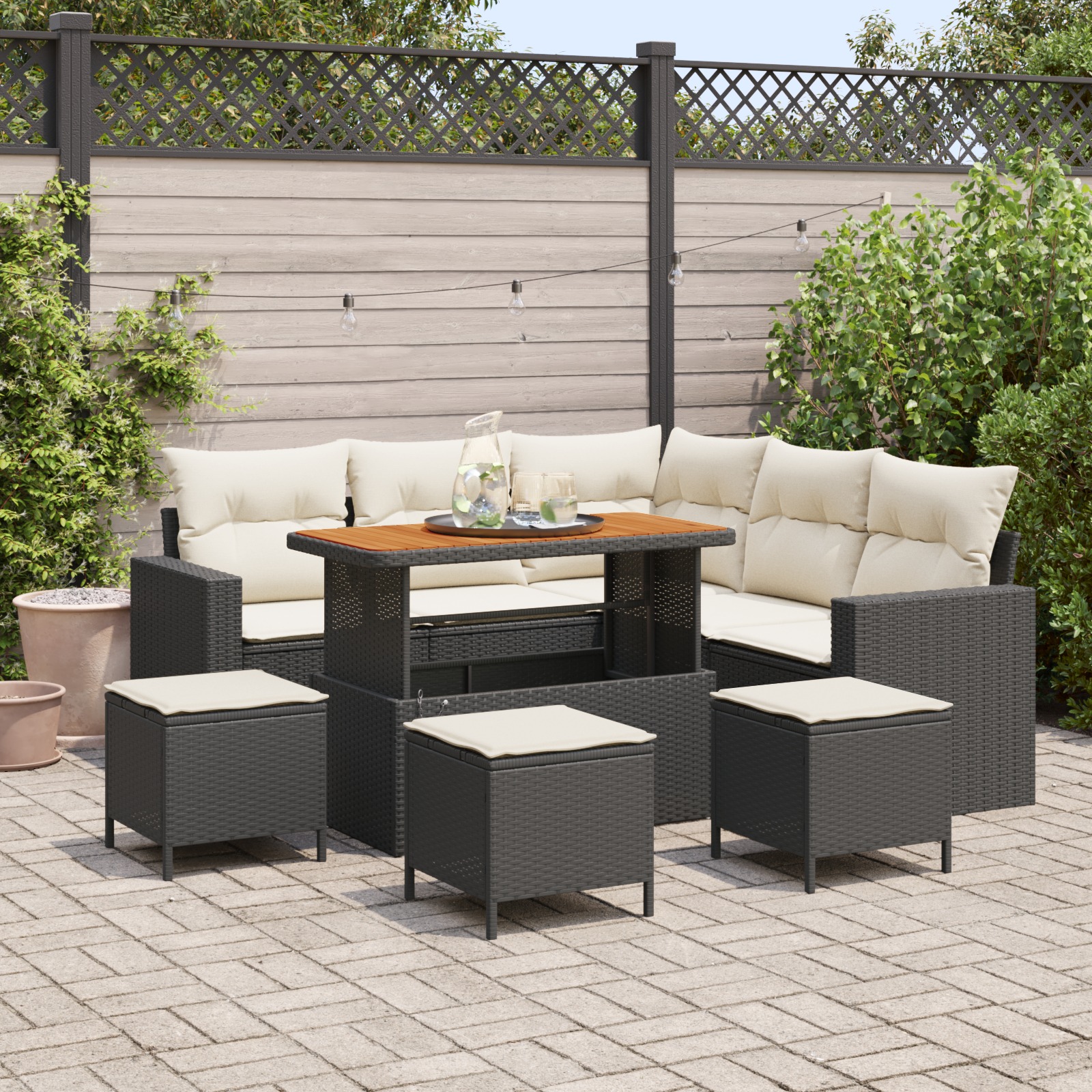 9-teiliges Garten Sofa Set mit Kissen Schwarzes Poly Rattan Akazie 9-teiliges Garten Sofa Set mit Kissen Schwarzes Poly Rattan Akazie