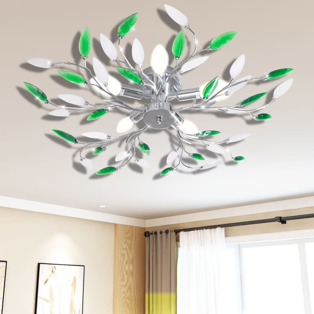 Deckenlampe güne und weiße Blätterranken mit Acryl-Blättern 5x E14 Deckenlampe güne und weiße Blätterranken mit Acryl-Blättern 5x E14