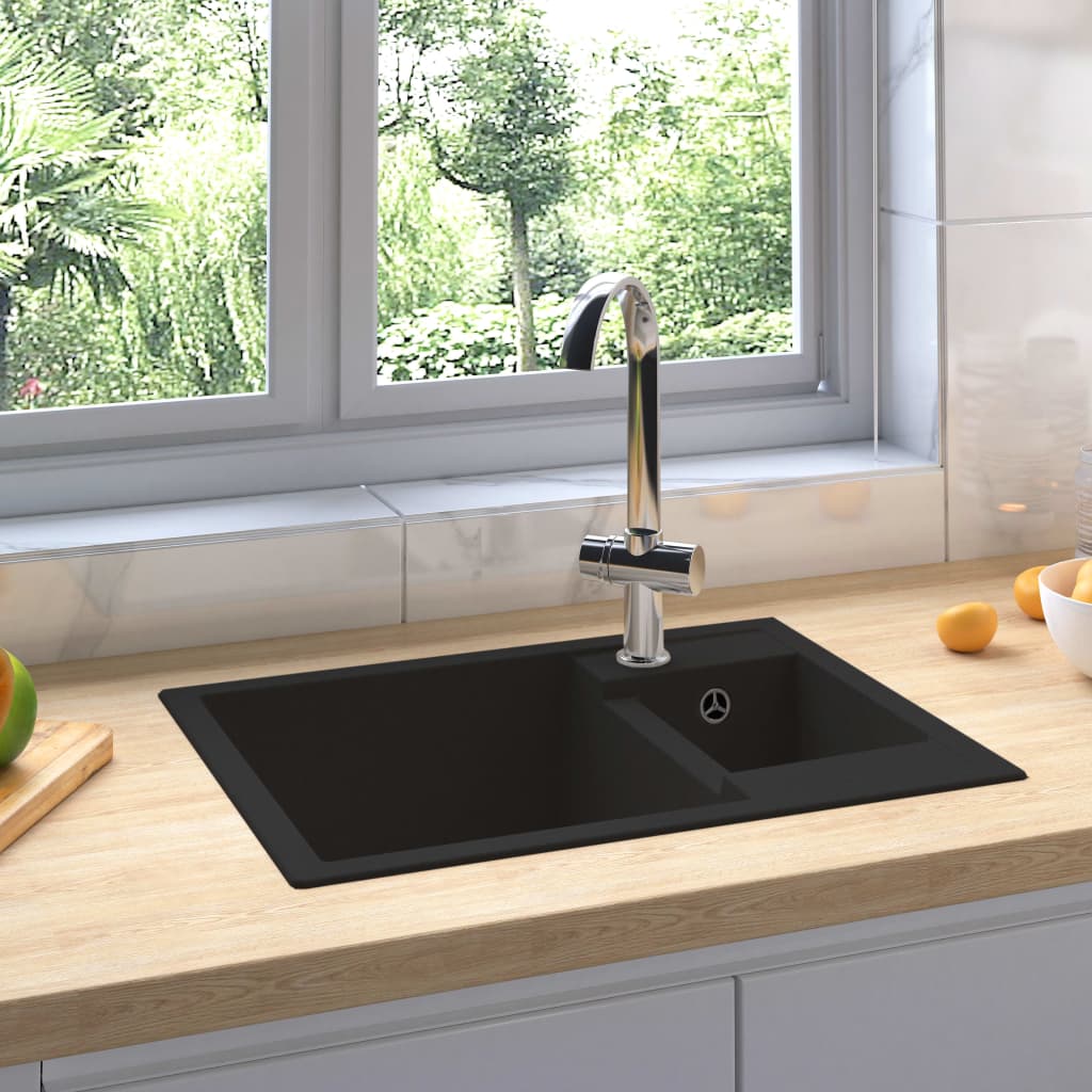 Küchenspüle mit Überlauf Doppelbecken Schwarz Granit Küchenspüle mit Überlauf Doppelbecken Schwarz Granit