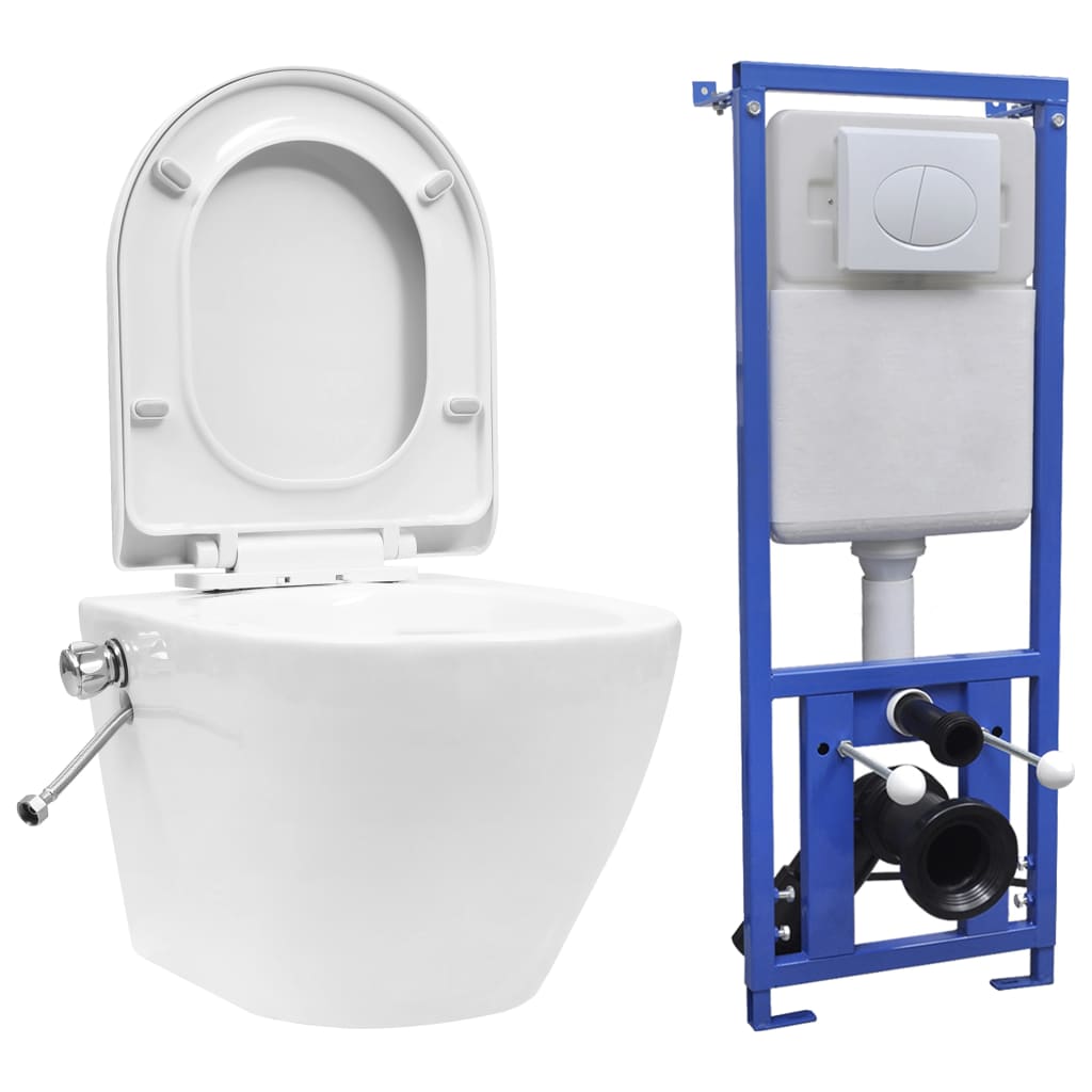 Wand-WC ohne Spülrand mit Einbau-Spülkasten Keramik Weiß Wand-WC ohne Spülrand mit Einbau-Spülkasten Keramik Weiß
