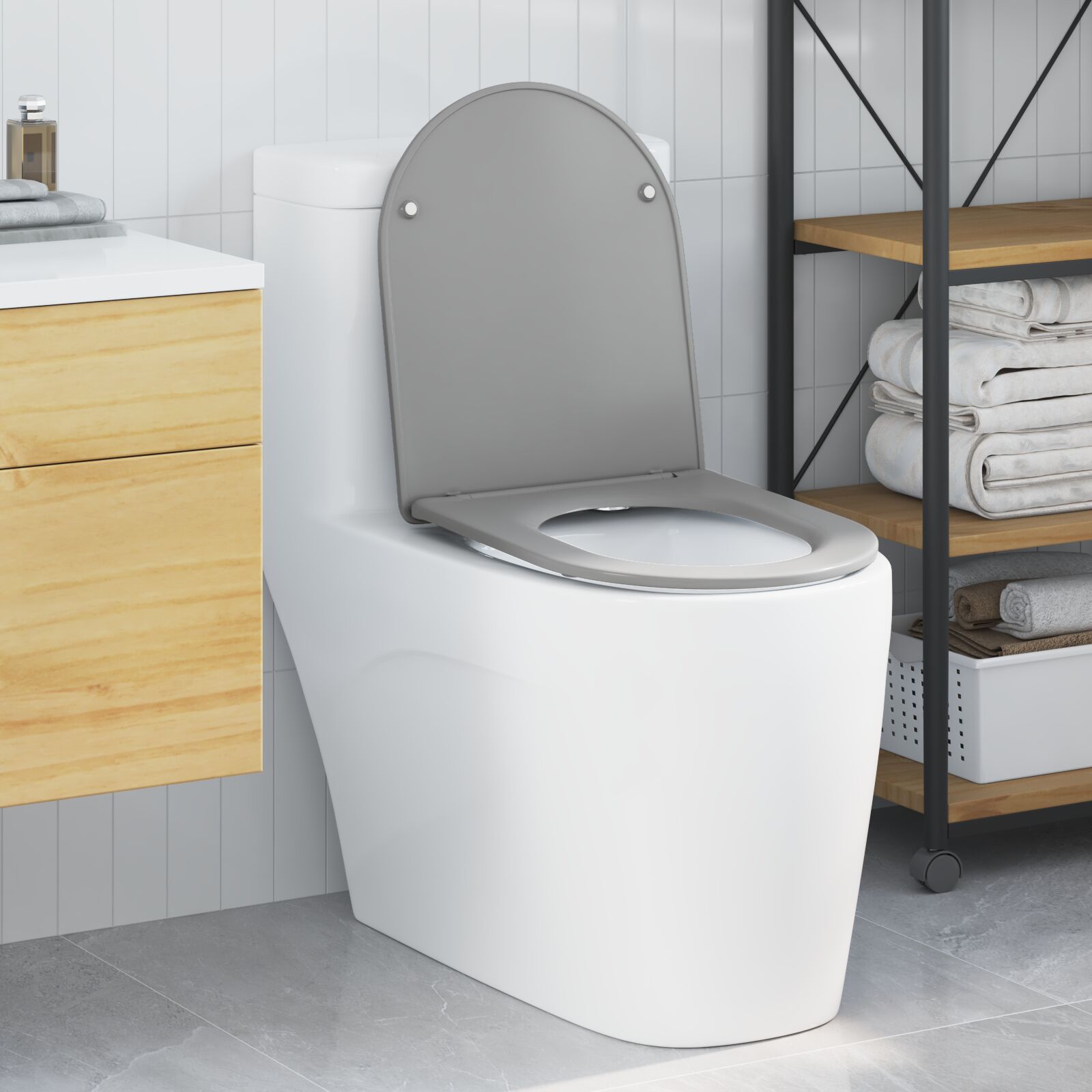 Toilettensitz mit Schnellverschluss und sanftem Schließen aus Duroplast in Grau Toilettensitz mit Schnellverschluss und sanftem Schließen aus Duroplast in Grau