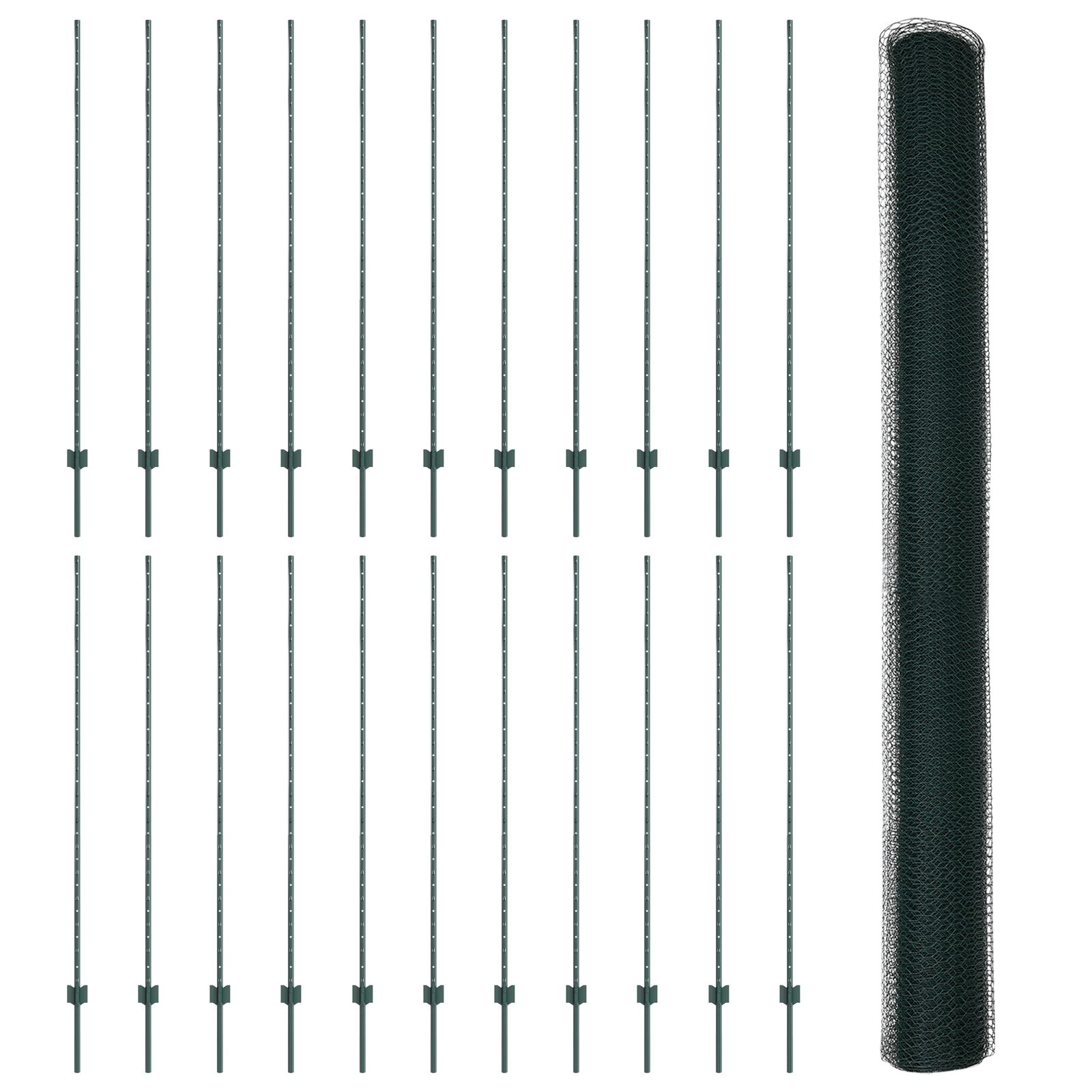 Zaunpfosten 11 Stück U-Profil Grün 160 cm Stahl, Sechseckzaun Grün 1,6x50 m Stahl