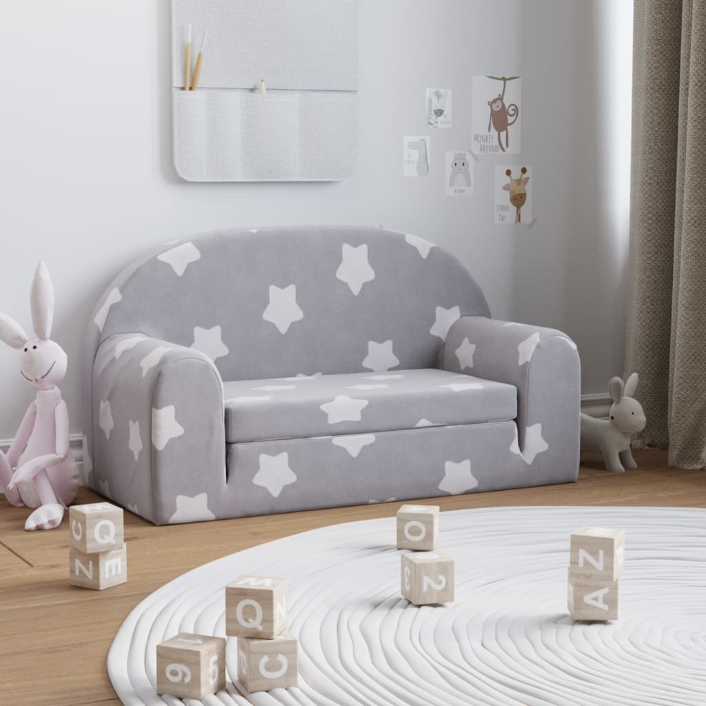 Kinder-Schlafsofa 2-Sitzer Hellgrau mit Sternen Weicher Plüsch Kinder-Schlafsofa 2-Sitzer Hellgrau mit Sternen Weicher Plüsch