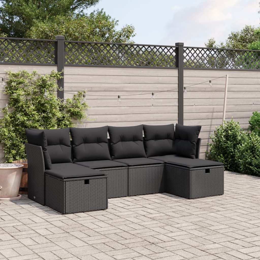 6-tlg. Garten-Sofagarnitur mit Kissen Schwarz Poly Rattan 6-tlg. Garten-Sofagarnitur mit Kissen Schwarz Poly Rattan