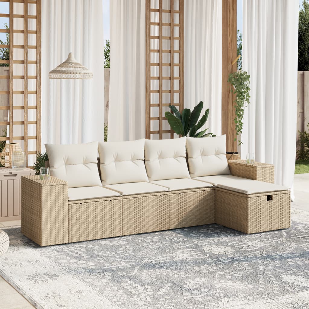5-tlg. Garten-Sofagarnitur mit Kissen Beige Poly Rattan 5-tlg. Garten-Sofagarnitur mit Kissen Beige Poly Rattan