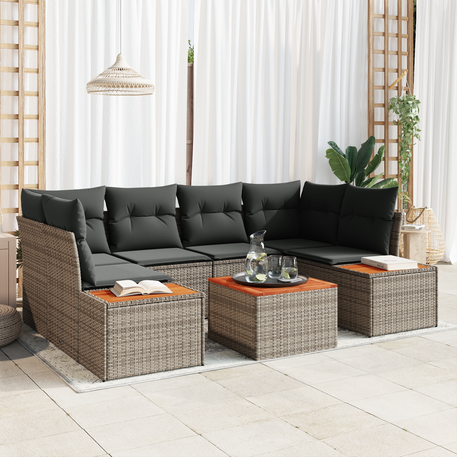 6-teiliges Garten Sofa Set mit Kissen Grau Poly Rattan Akazie 6-teiliges Garten Sofa Set mit Kissen Grau Poly Rattan Akazie