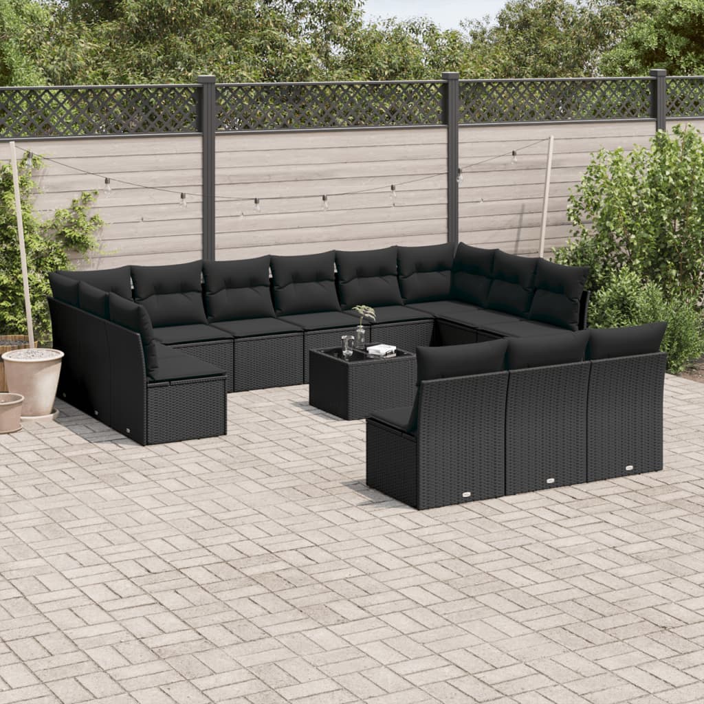 14-tlg. Garten-Sofagarnitur mit Kissen Schwarz Poly Rattan 14-tlg. Garten-Sofagarnitur mit Kissen Schwarz Poly Rattan