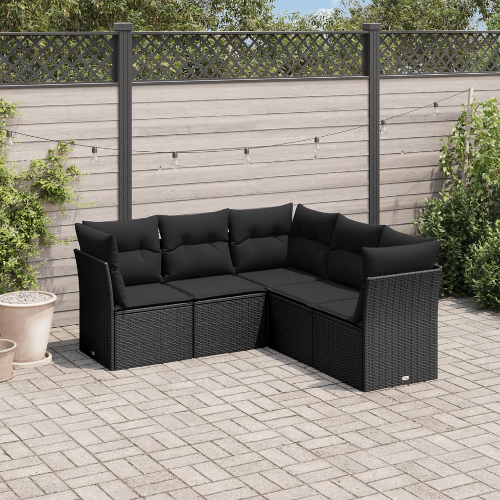 5-tlg. Garten-Sofagarnitur mit Kissen Schwarz Poly Rattan 5-tlg. Garten-Sofagarnitur mit Kissen Schwarz Poly Rattan