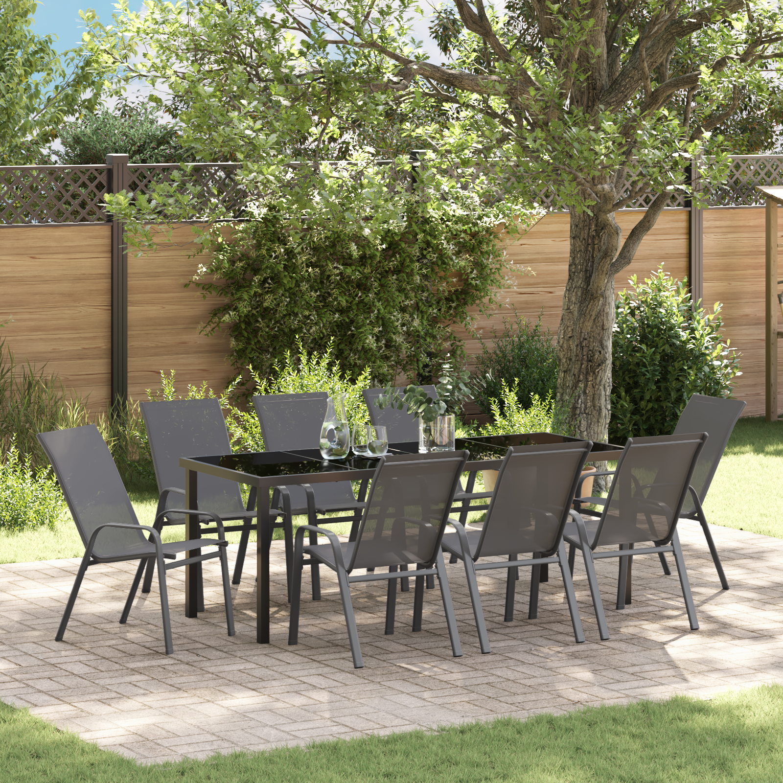9-teilige Garten Essgruppe Grau Textilene und Stahl 9-teilige Garten Essgruppe Grau Textilene und Stahl