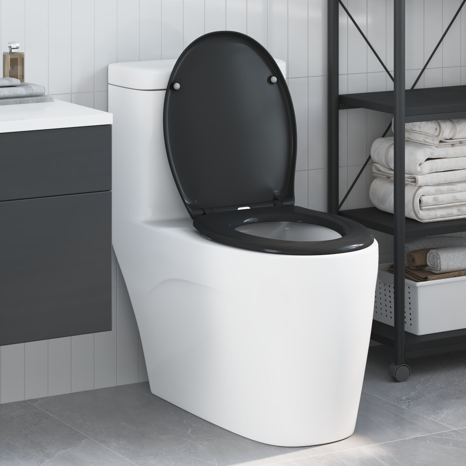 Toilettensitz mit Schnellverschluss und sanftem Schließen Duroplast Schwarz Toilettensitz mit Schnellverschluss und sanftem Schließen Duroplast Schwarz