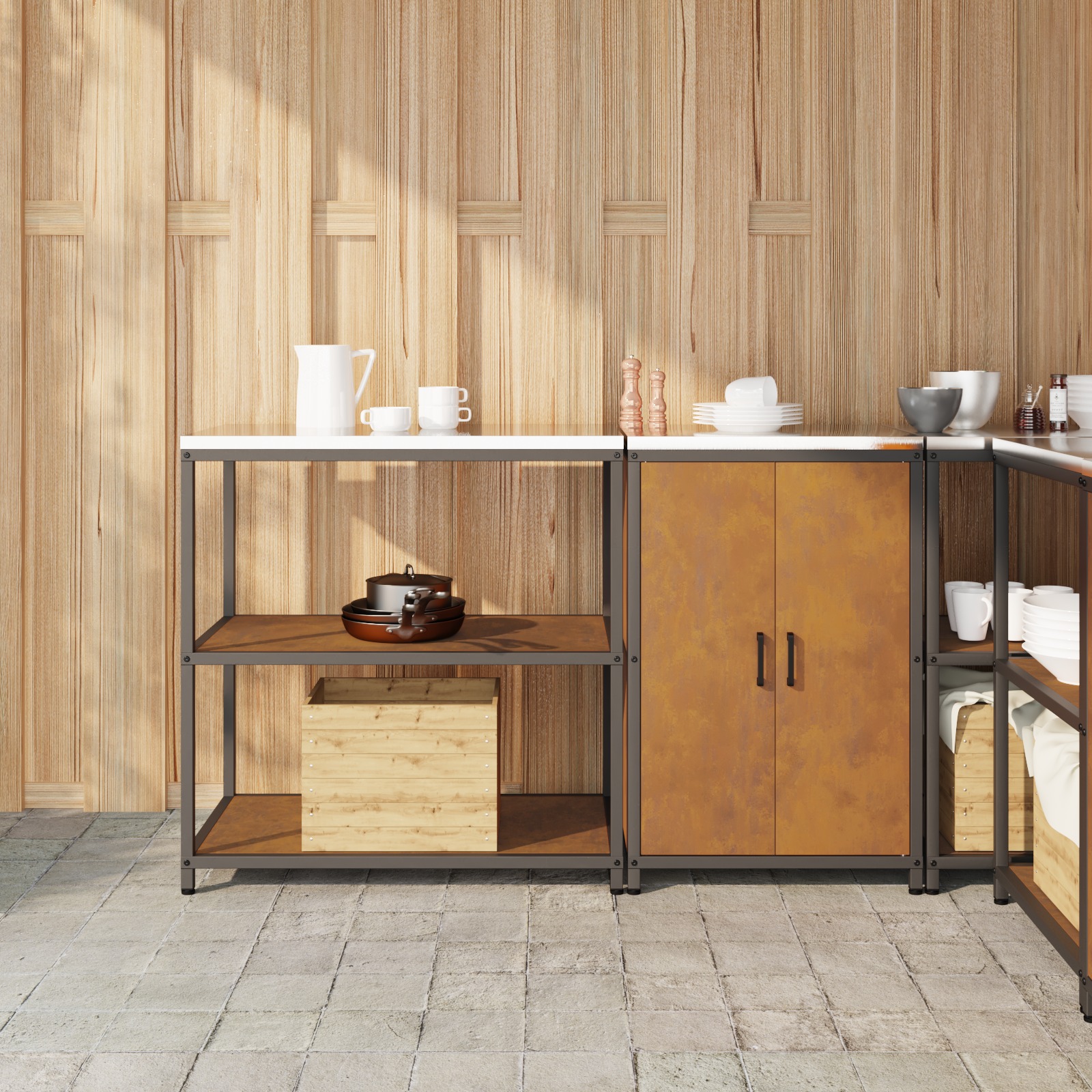 Küchenlager-Set mit Regal mit Speicher mit Tür Verstellbar 2 pcs Rostig 150 x 50 x 92 cm