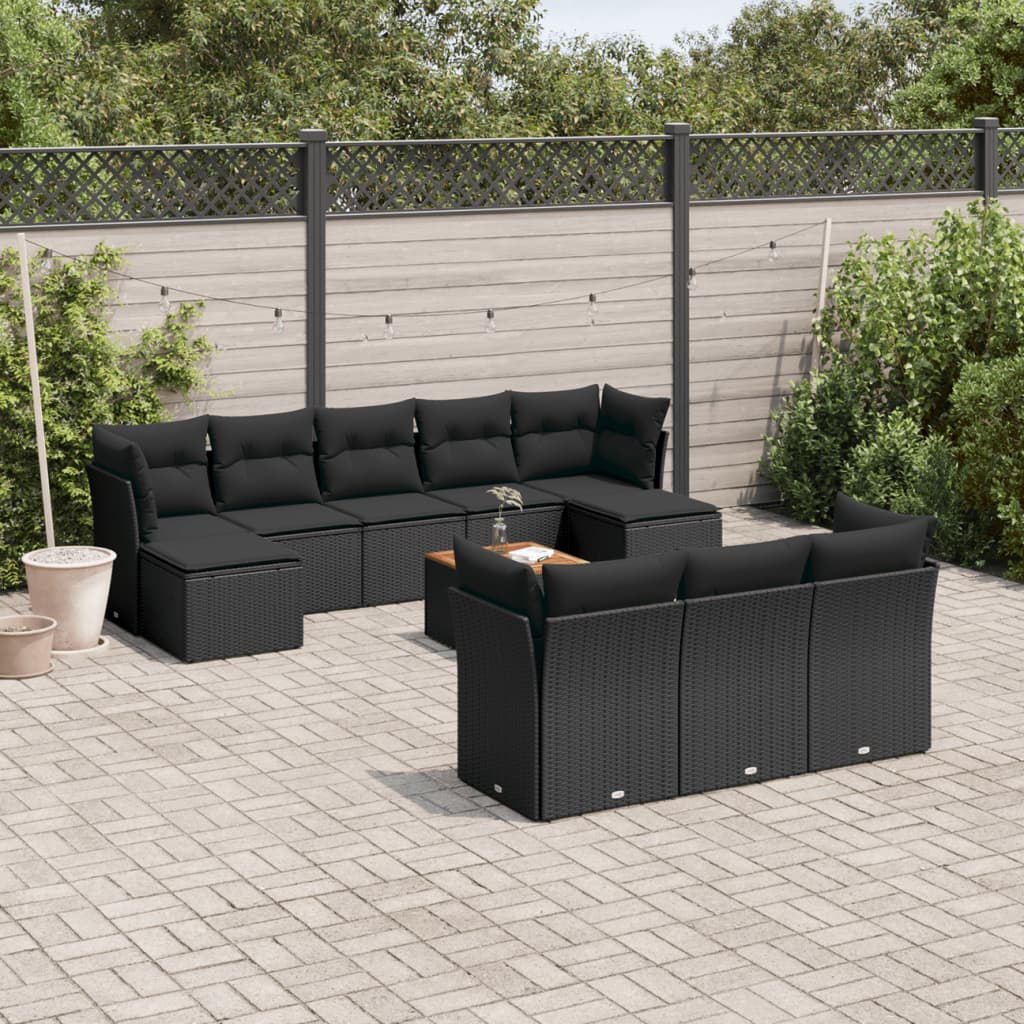 11-tlg. Garten-Sofagarnitur mit Kissen Schwarz Poly Rattan 11-tlg. Garten-Sofagarnitur mit Kissen Schwarz Poly Rattan