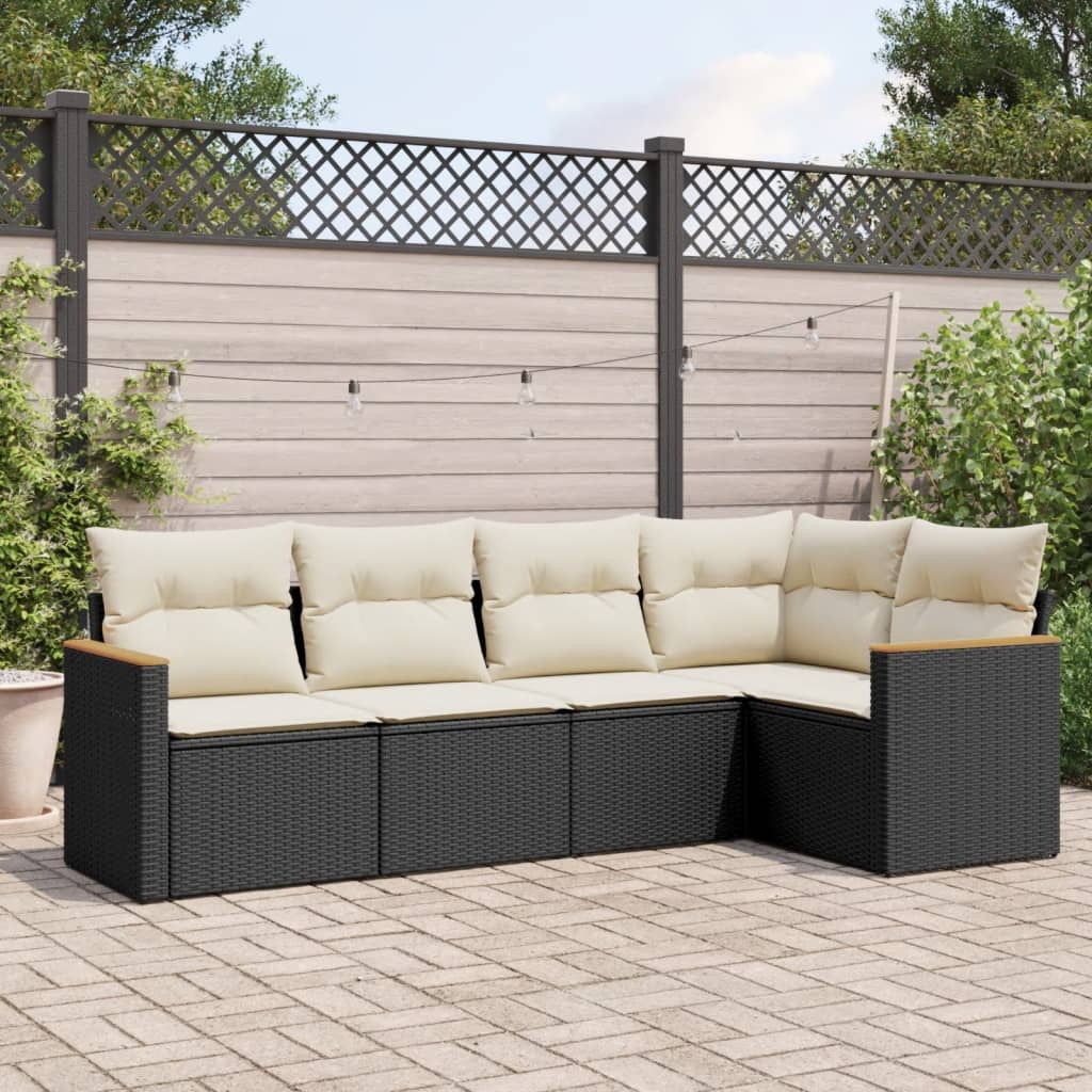 5-tlg. Garten-Sofagarnitur mit Kissen Schwarz Poly Rattan 5-tlg. Garten-Sofagarnitur mit Kissen Schwarz Poly Rattan