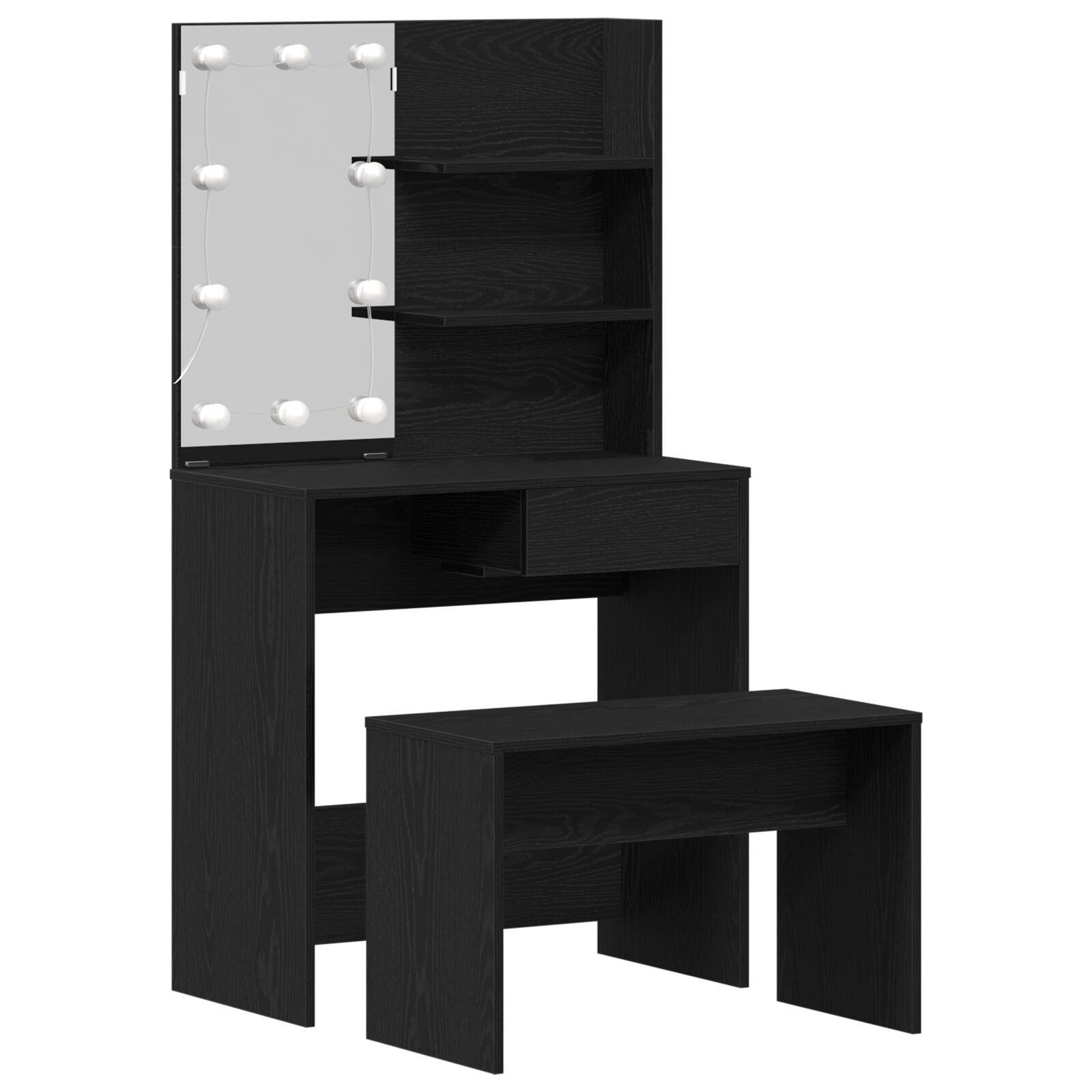 Frisiertisch-Set mit LED Schwarze Eiche Möbelwerkstoff, LED Frisiertisch in Schwarzer Eiche - 74,5x40x141 cm, aus Möbelwerkstoff gefertigt, Frisiertuhl Schwarze Eiche 70x35x45 cm Möbelwerkstoff Frisiertisch-Set mit LED Schwarze Eiche Möbelwerkstoff, LED Frisiertisch in Schwarzer Eiche - 74,5x40x141 cm, aus Möbelwerkstoff gefertigt, Frisiertuhl Schwarze Eiche 70x35x45 cm Möbelwerkstoff