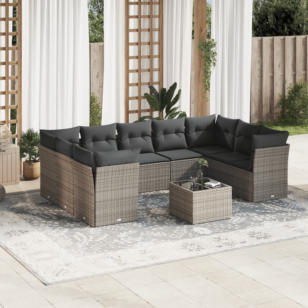 10-tlg. Garten-Sofagarnitur mit Kissen Grau Poly Rattan 10-tlg. Garten-Sofagarnitur mit Kissen Grau Poly Rattan