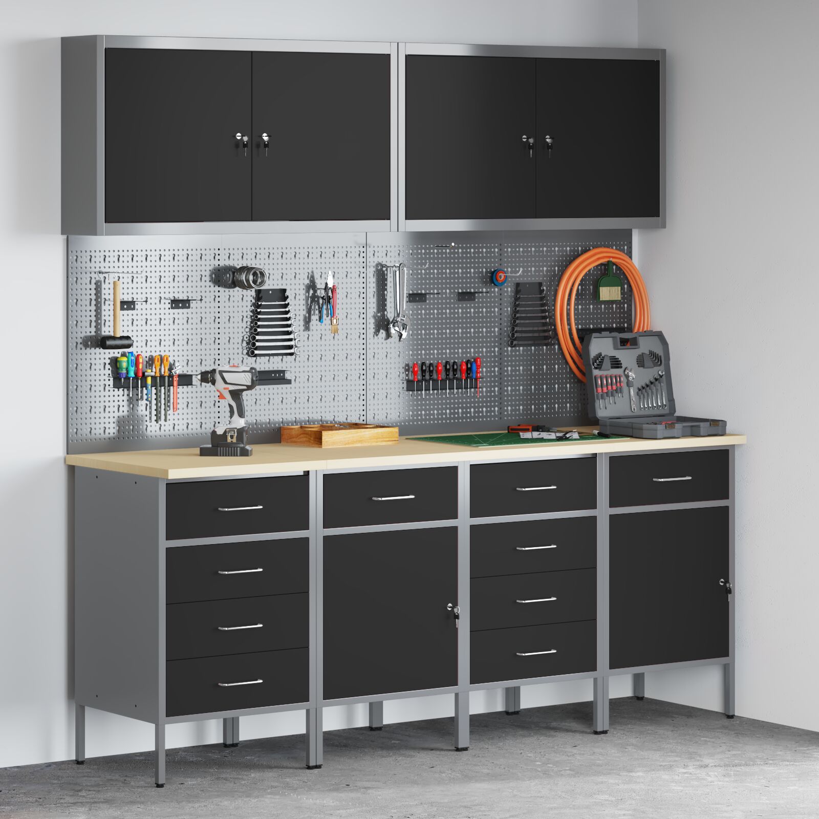 vidaXL 10-teiliges Werkstattschranksystem und Lochplatten-Set in Schwarz aus MDF und Metall vidaXL 10-teiliges Werkstattschranksystem und Lochplatten-Set in Schwarz aus MDF und Metall