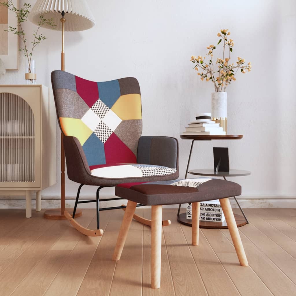 Schaukelstuhl mit Hocker Patchwork Stoff Schaukelstuhl mit Hocker Patchwork Stoff