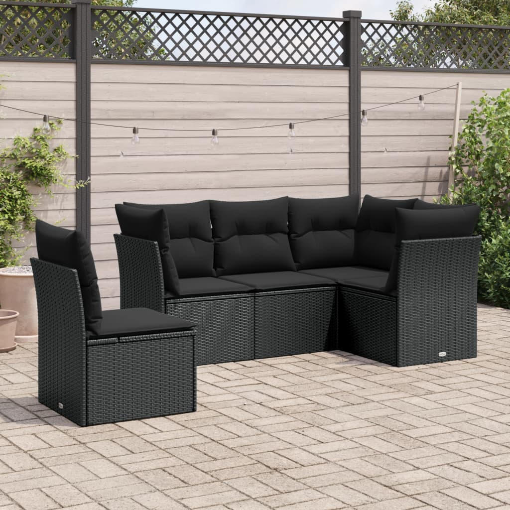 5-tlg. Garten-Sofagarnitur mit Kissen Schwarz Poly Rattan 5-tlg. Garten-Sofagarnitur mit Kissen Schwarz Poly Rattan