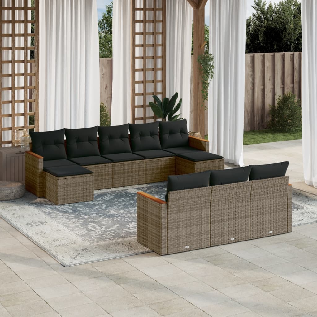 10-tlg. Garten-Sofagarnitur mit Kissen Grau Poly Rattan 10-tlg. Garten-Sofagarnitur mit Kissen Grau Poly Rattan