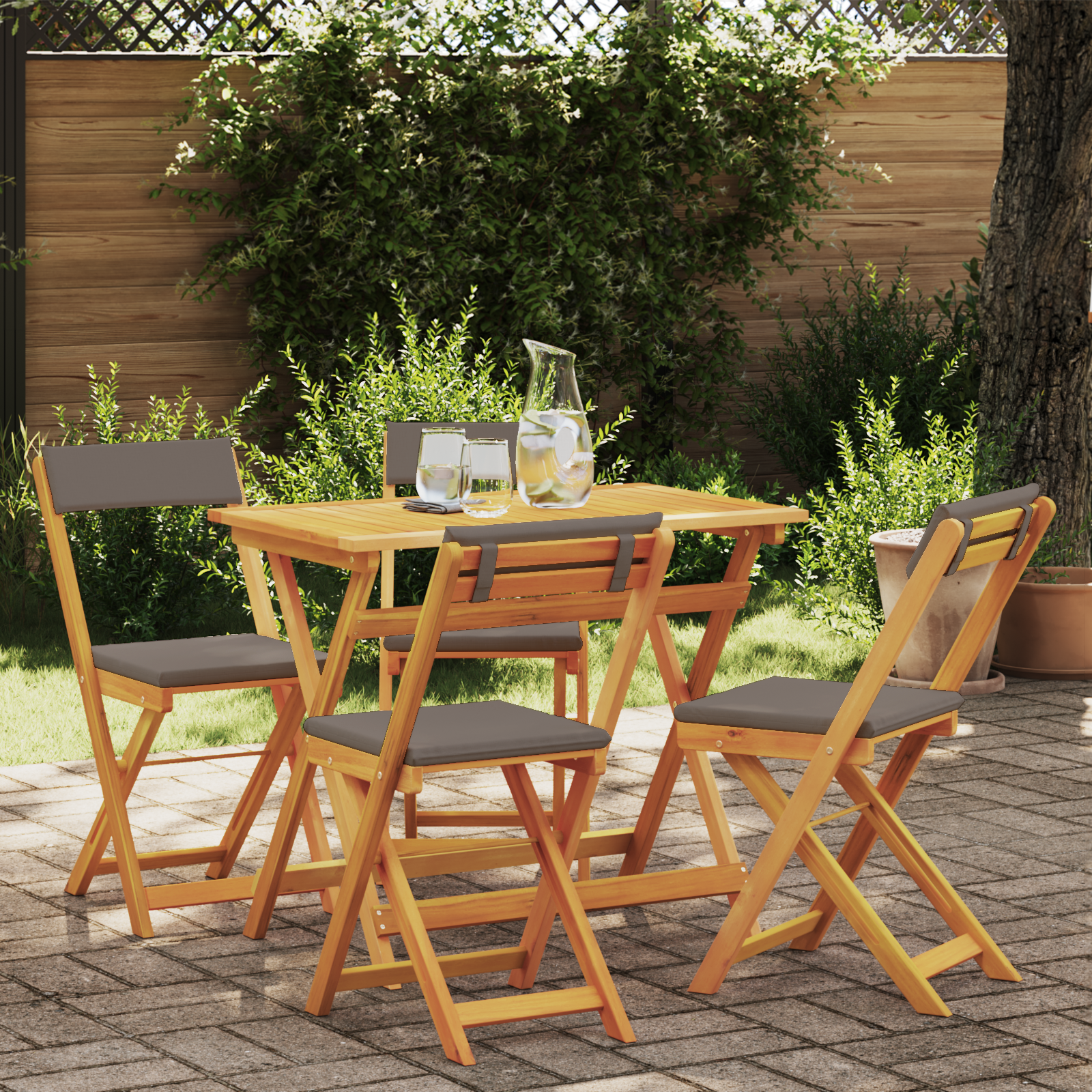 5-teiliges faltbares Bistro Set mit Kissen aus solidem Akazienholz 5-teiliges faltbares Bistro Set mit Kissen aus solidem Akazienholz