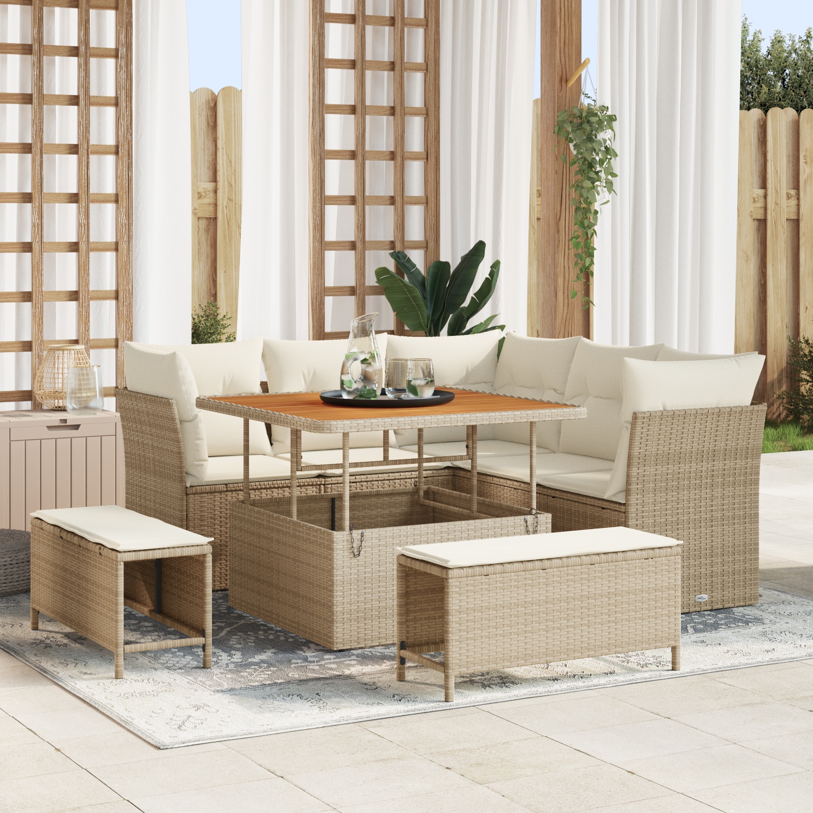8-teilige Garten Sofagarnitur mit Kissen Beige Poly Rattan Akazie 8-teilige Garten Sofagarnitur mit Kissen Beige Poly Rattan Akazie