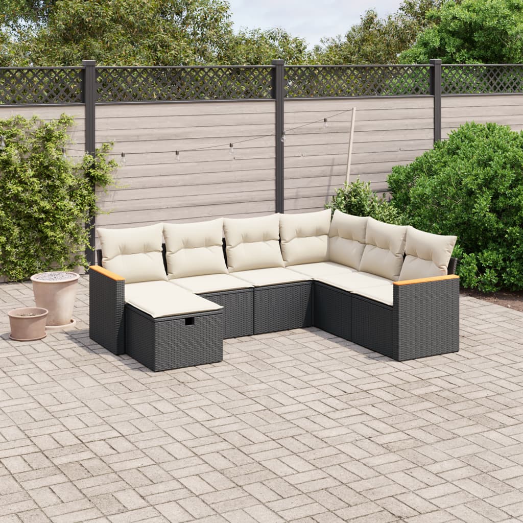 7-tlg. Garten-Sofagarnitur mit Kissen Schwarz Poly Rattan 7-tlg. Garten-Sofagarnitur mit Kissen Schwarz Poly Rattan