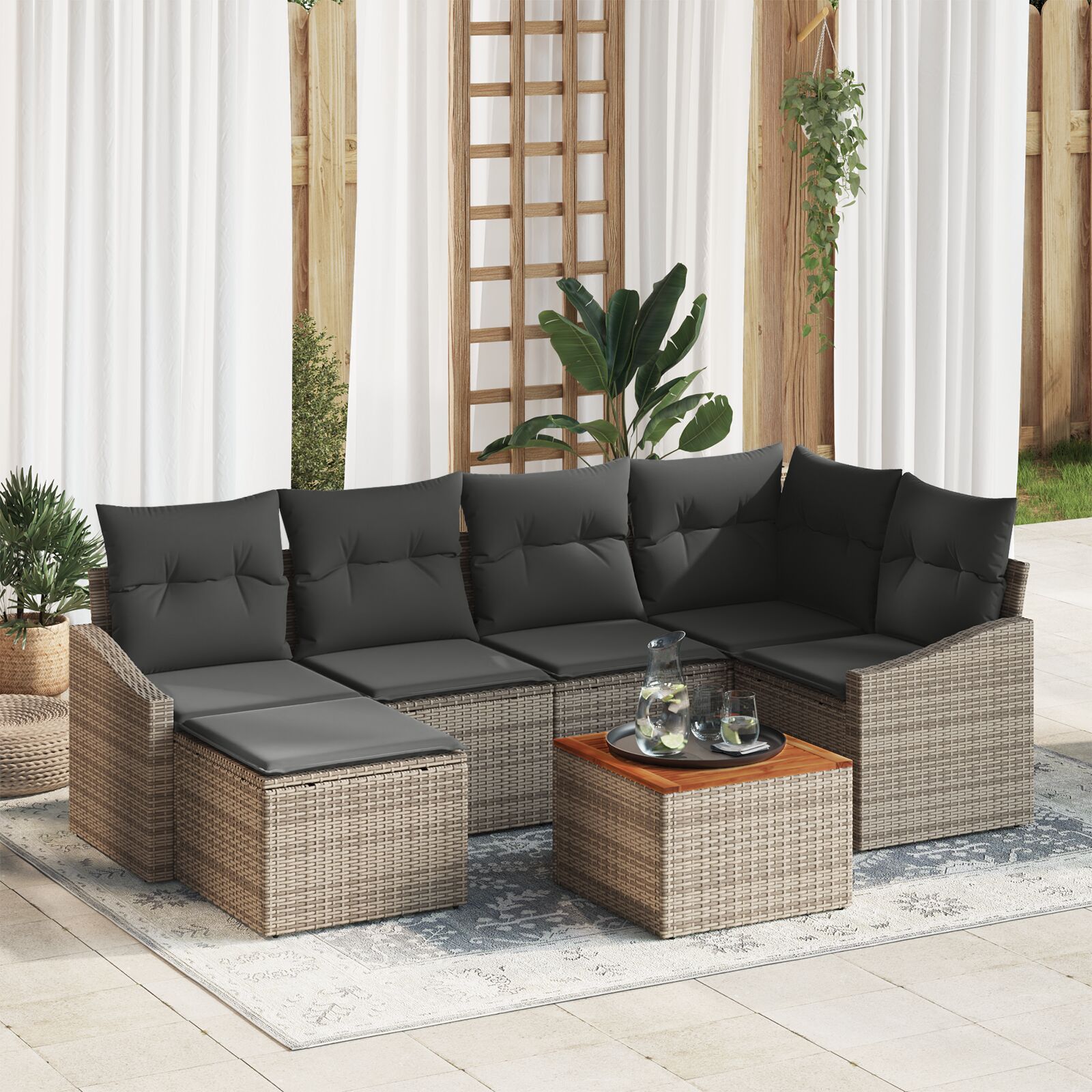 7-teiliges Garten-Sofa-Set mit Kissen Grau Poly-Rattan Akazie 7-teiliges Garten-Sofa-Set mit Kissen Grau Poly-Rattan Akazie